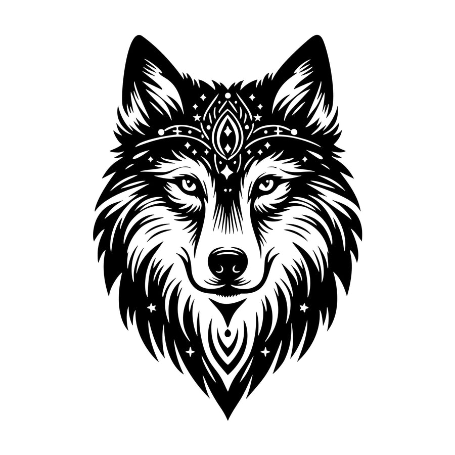 Mystical Wolf Head SVG design for Cricut, Silhouette, laser cutting, vinyl, sublimation, and craft projects.