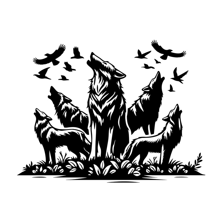 Pack of Wolves Howling SVG design for Cricut, Silhouette, laser cutting, vinyl, sublimation, and craft projects.