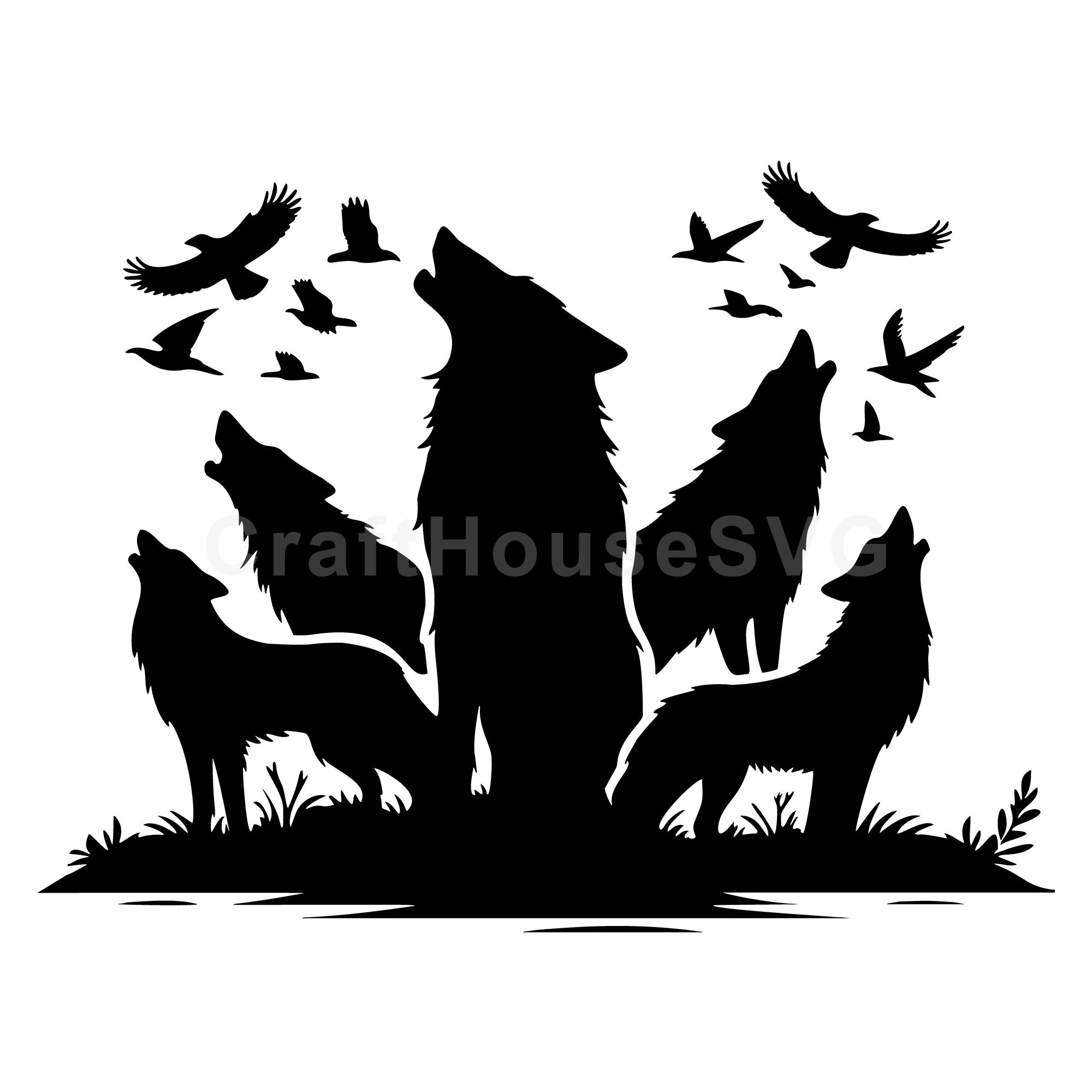 Pack of Wolves Howling Silhouette SVG