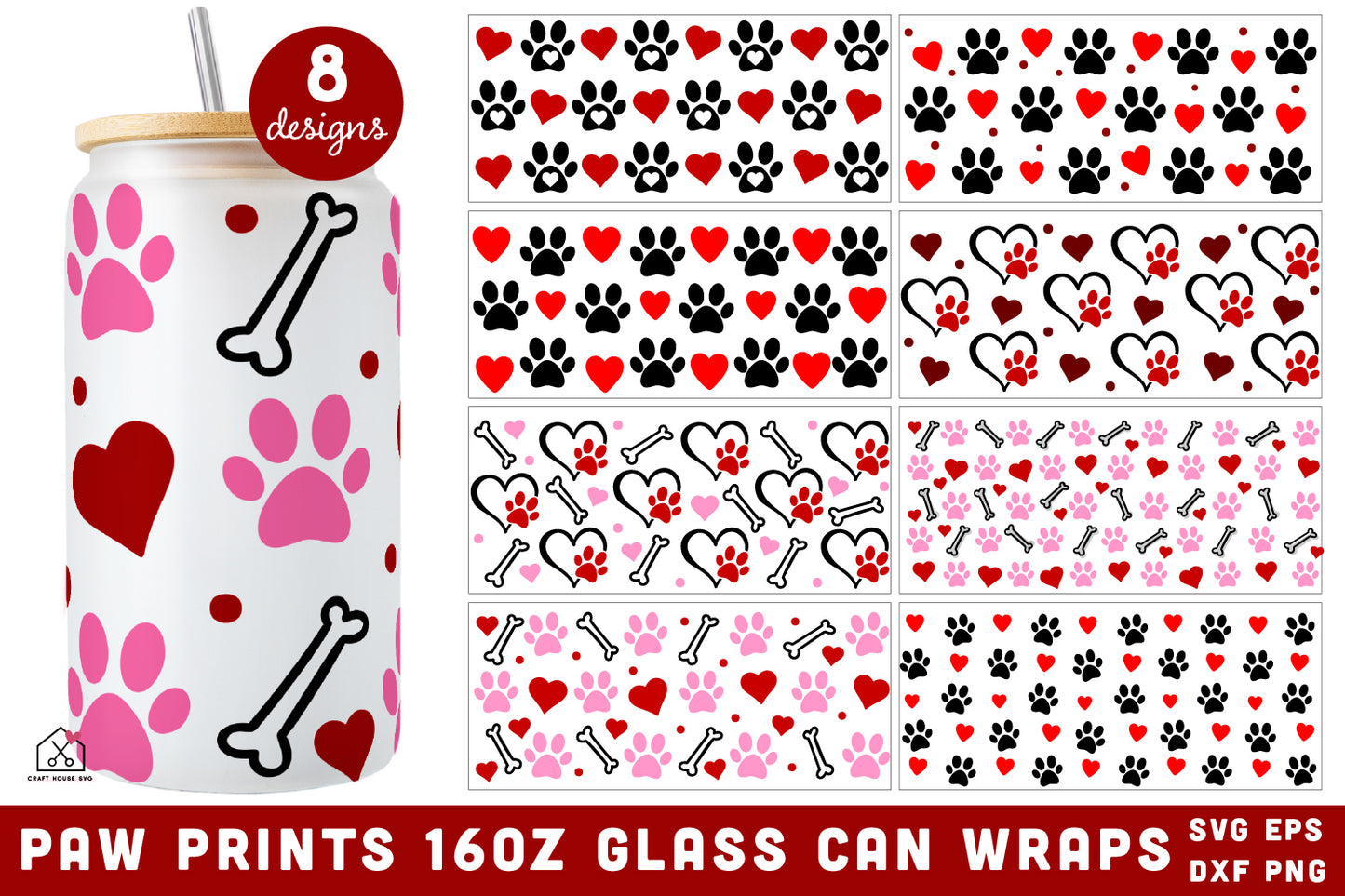 Paw Prints 16 Oz Glass Can Wrap SVG Bundle