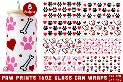 Paw Prints 16 Oz Glass Can Wrap SVG Bundle