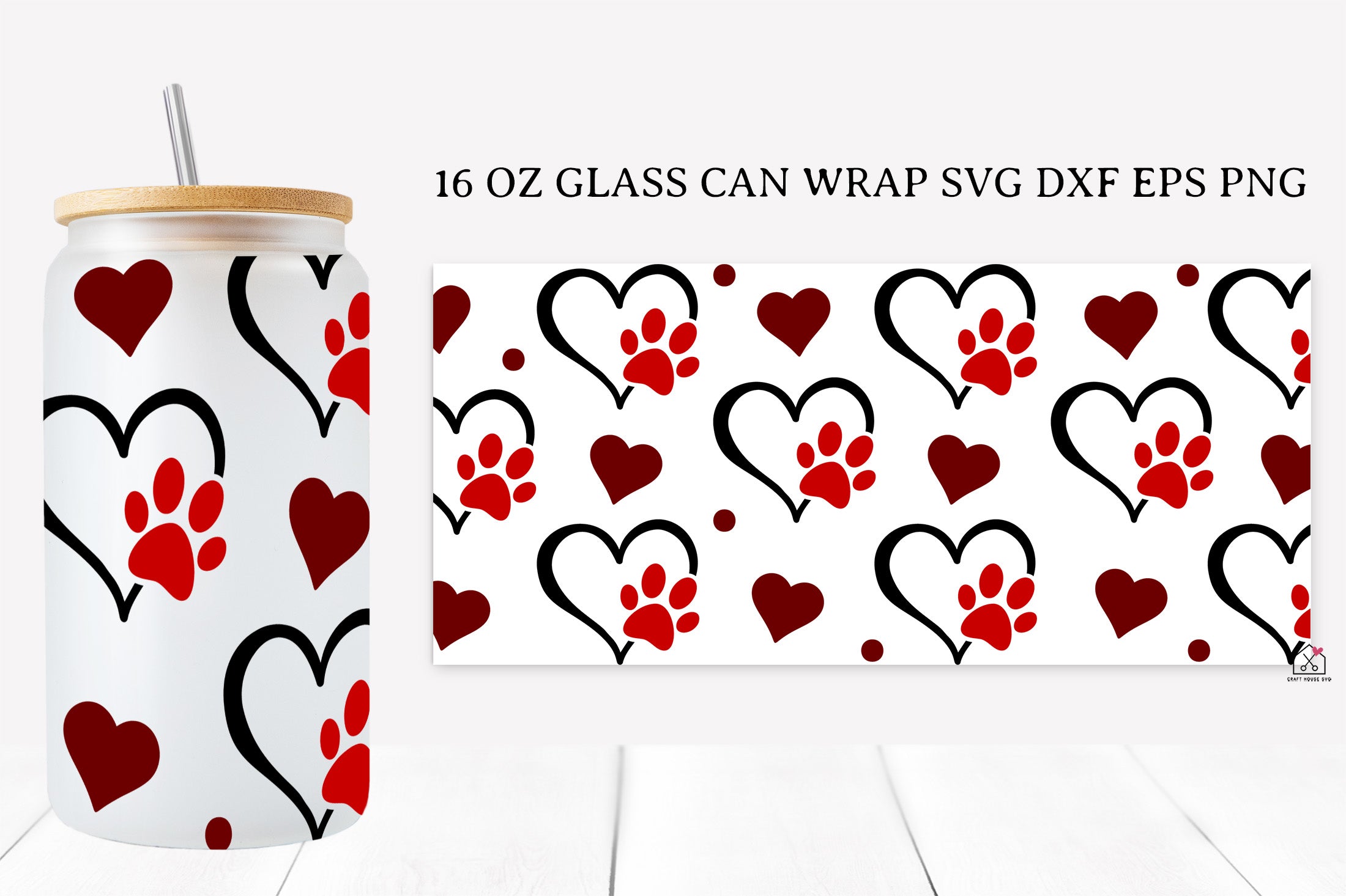 Paw Prints 16 Oz Glass Can Wrap SVG Bundle Dog Cat Pet Valentine PNG SVG Cut Files