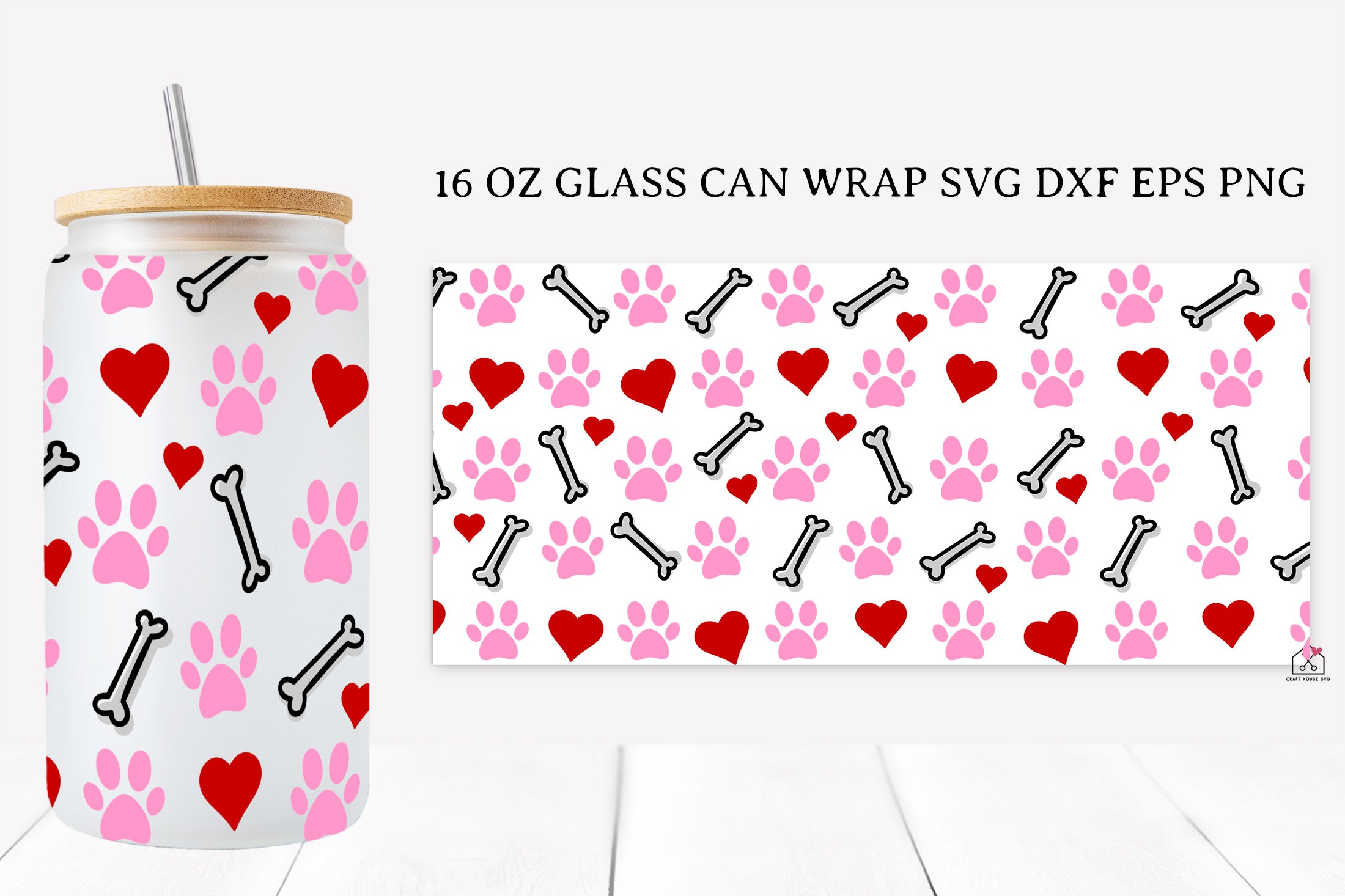 Paw Prints 16 Oz Glass Can Wrap SVG Bundle Dog Cat Pet Valentine PNG SVG Cut Files