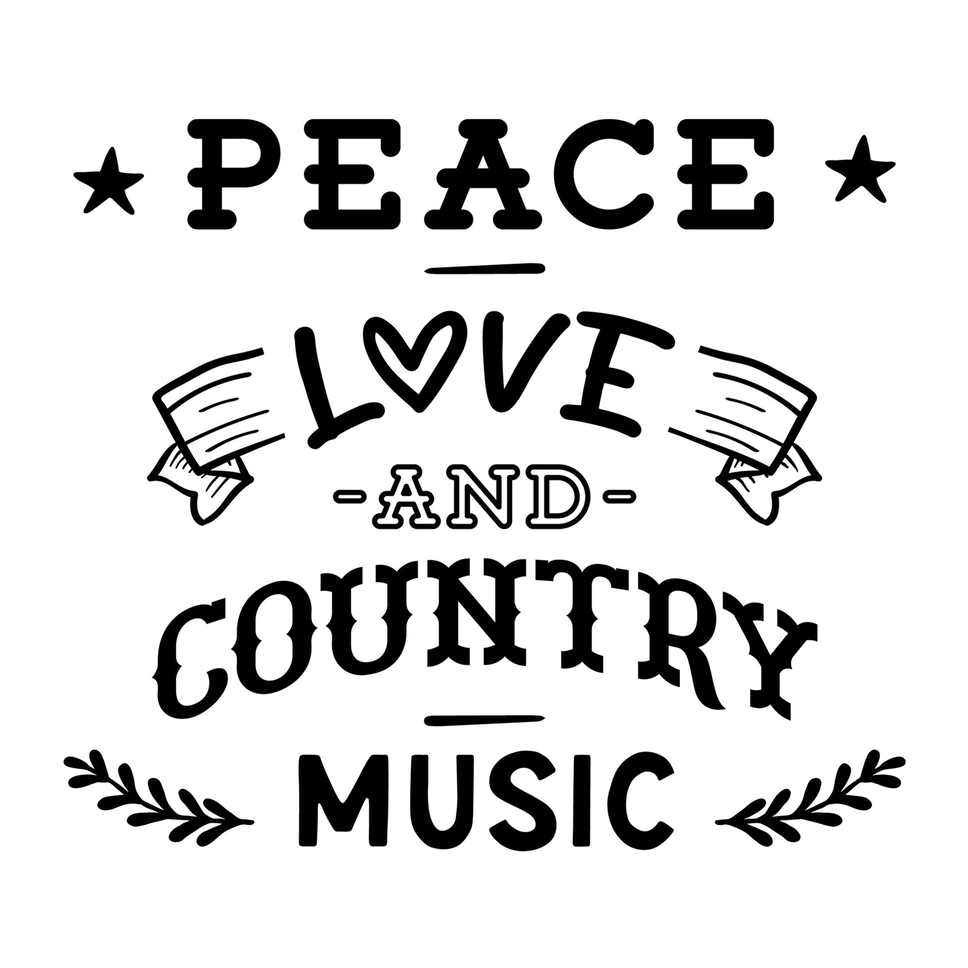 Peace Love And Country Music SVG design for Cricut, Silhouette, laser cutting, vinyl, sublimation, shirts, decals, and western craft projects.