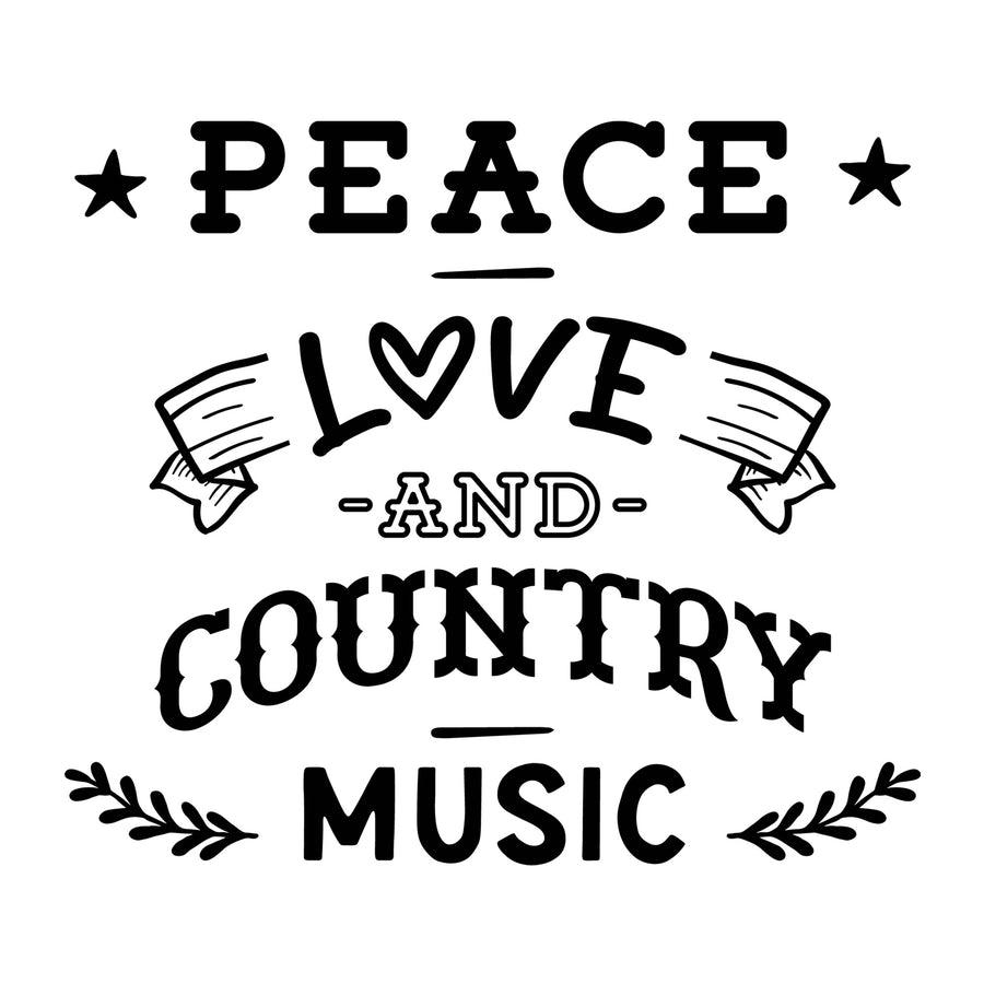 Peace Love And Country Music SVG design for Cricut, Silhouette, laser cutting, vinyl, sublimation, shirts, decals, and western craft projects.