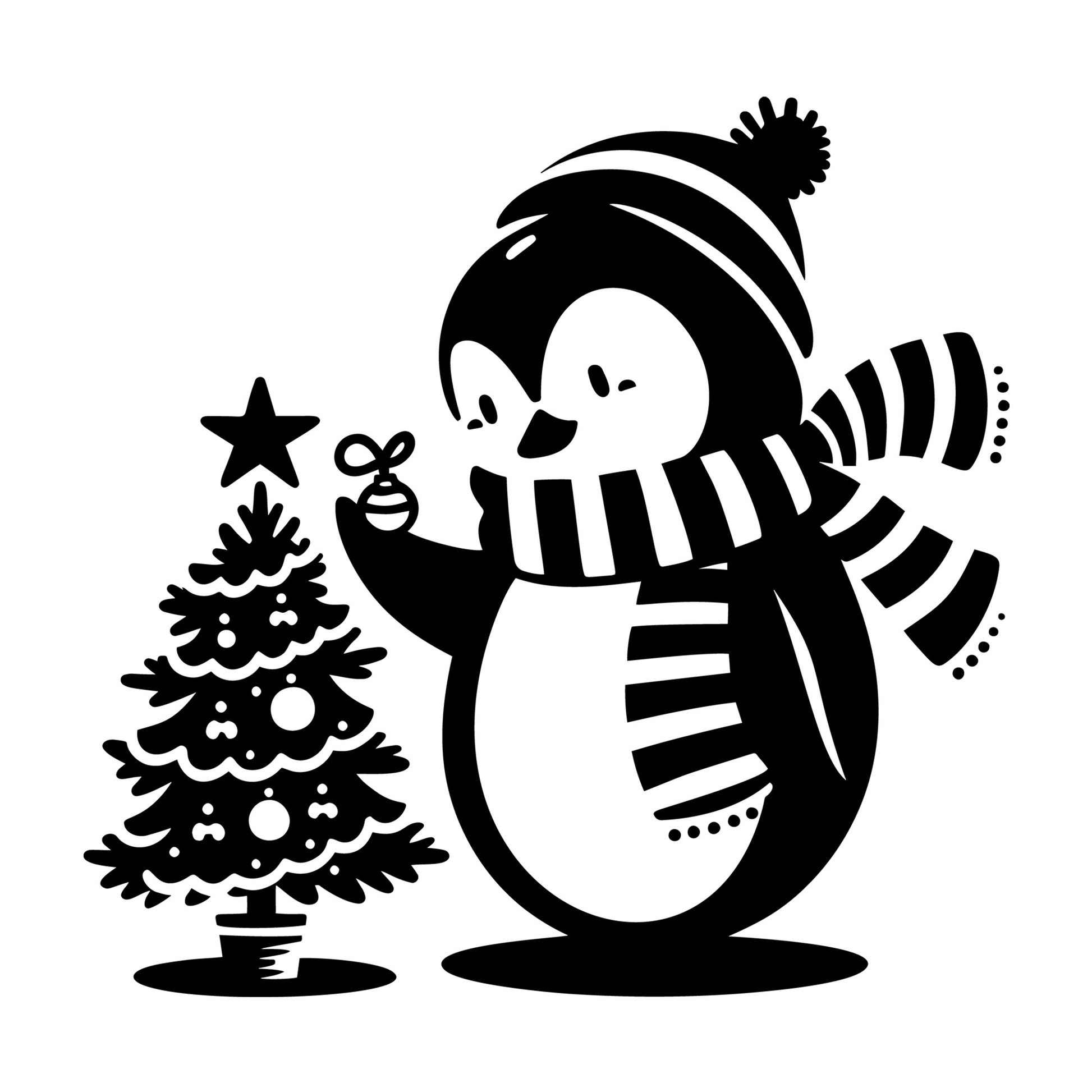 Penguin Decorating a Christmas Tree SVG design for Cricut, Silhouette, laser cutting, vinyl, sublimation, and craft projects.
