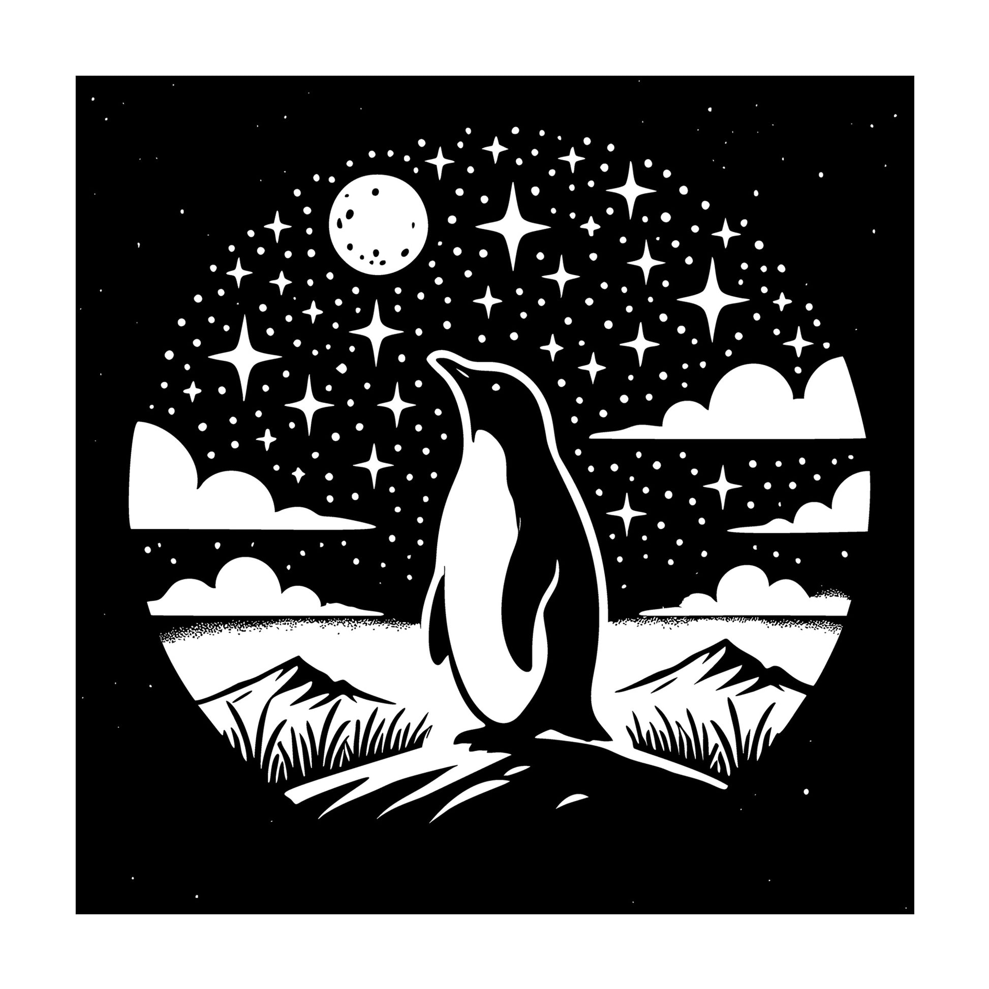 Penguin Gazing at Starry Night Sky SVG design for Cricut, Silhouette, laser cutting, vinyl, sublimation, and craft projects.