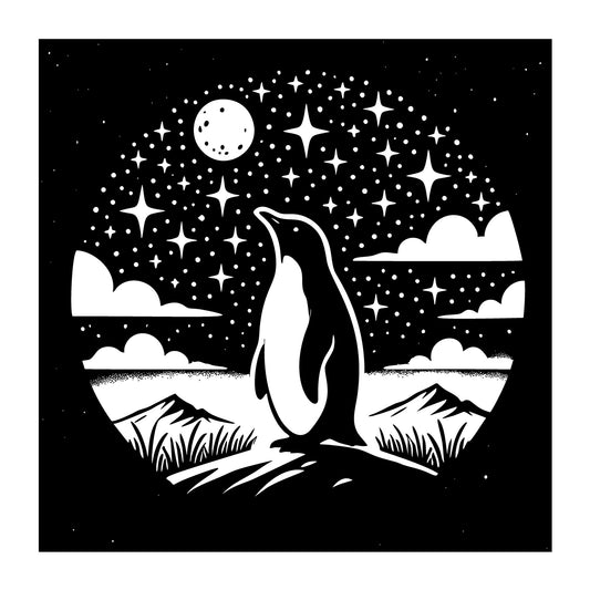 Penguin Gazing at Starry Night Sky SVG design for Cricut, Silhouette, laser cutting, vinyl, sublimation, and craft projects.