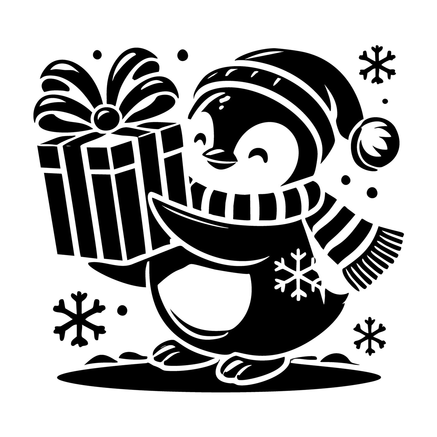 Penguin Holding A Large Gift Box SVG design for Cricut, Silhouette, laser cutting, vinyl, sublimation, and craft projects.