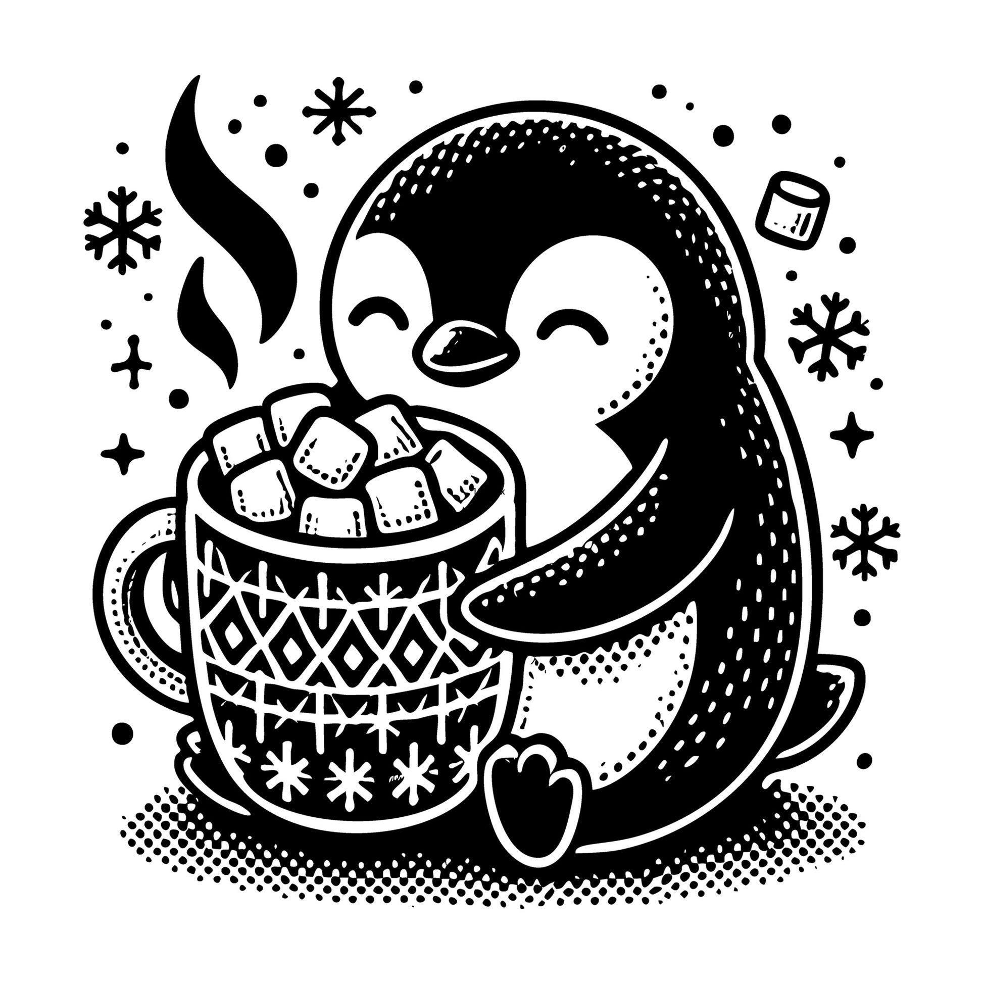 Penguin Holding Cocoa Cup in Festive Snow Scene SVG design for Cricut, Silhouette, laser cutting, vinyl, sublimation, and craft projects.