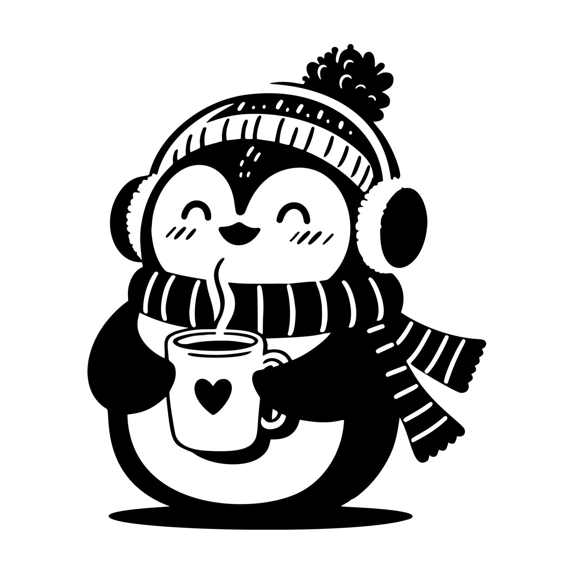 Penguin Holding Hot Chocolate SVG design for Cricut, Silhouette, laser cutting, vinyl, sublimation, and craft projects.