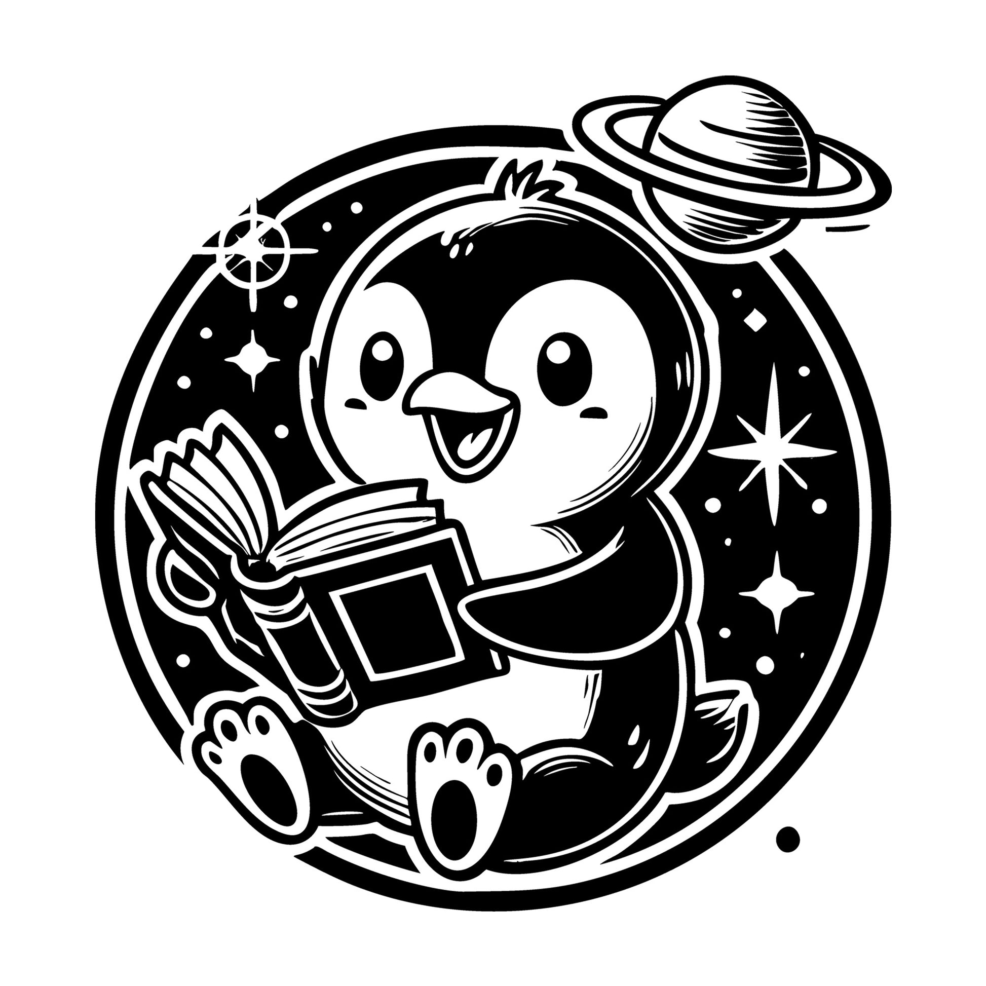 Penguin Reading with Planets and Stars SVG design for Cricut, Silhouette, laser cutting, vinyl, sublimation, and craft projects.