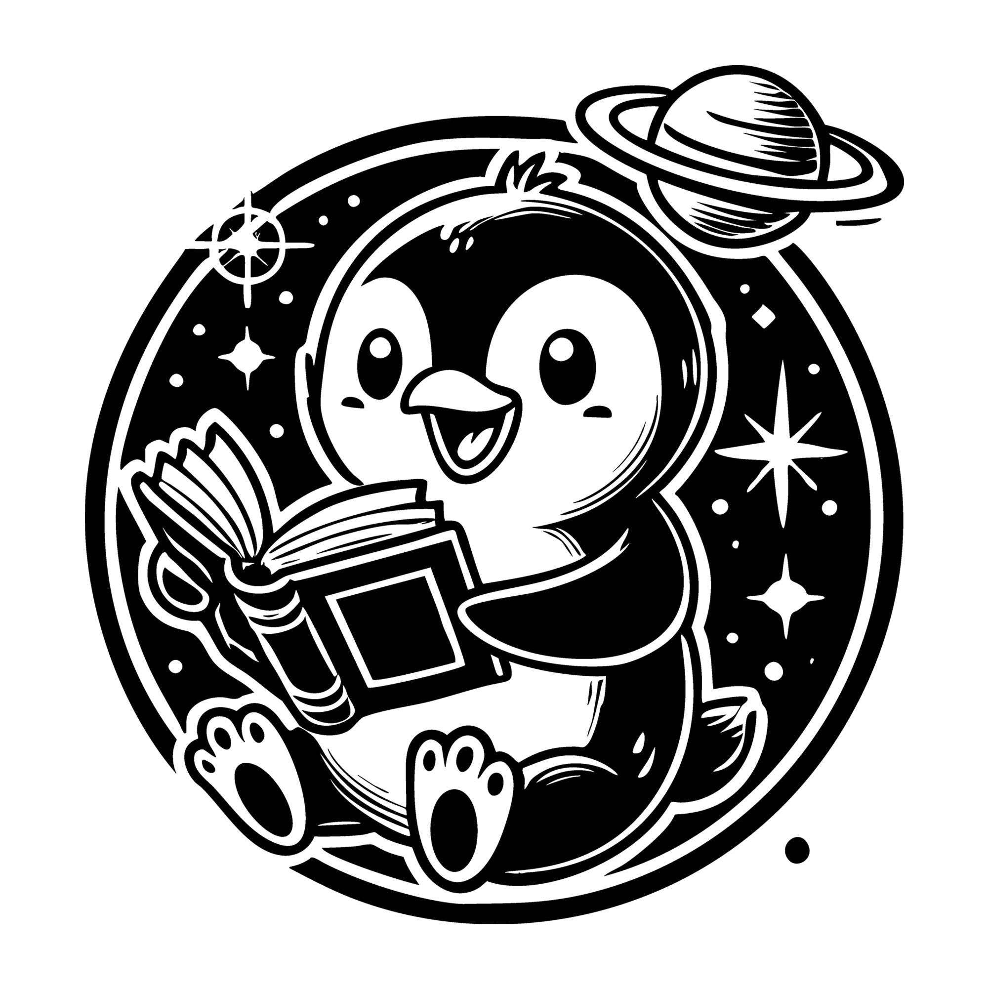 Penguin Reading with Planets and Stars SVG design for Cricut, Silhouette, laser cutting, vinyl, sublimation, and craft projects.