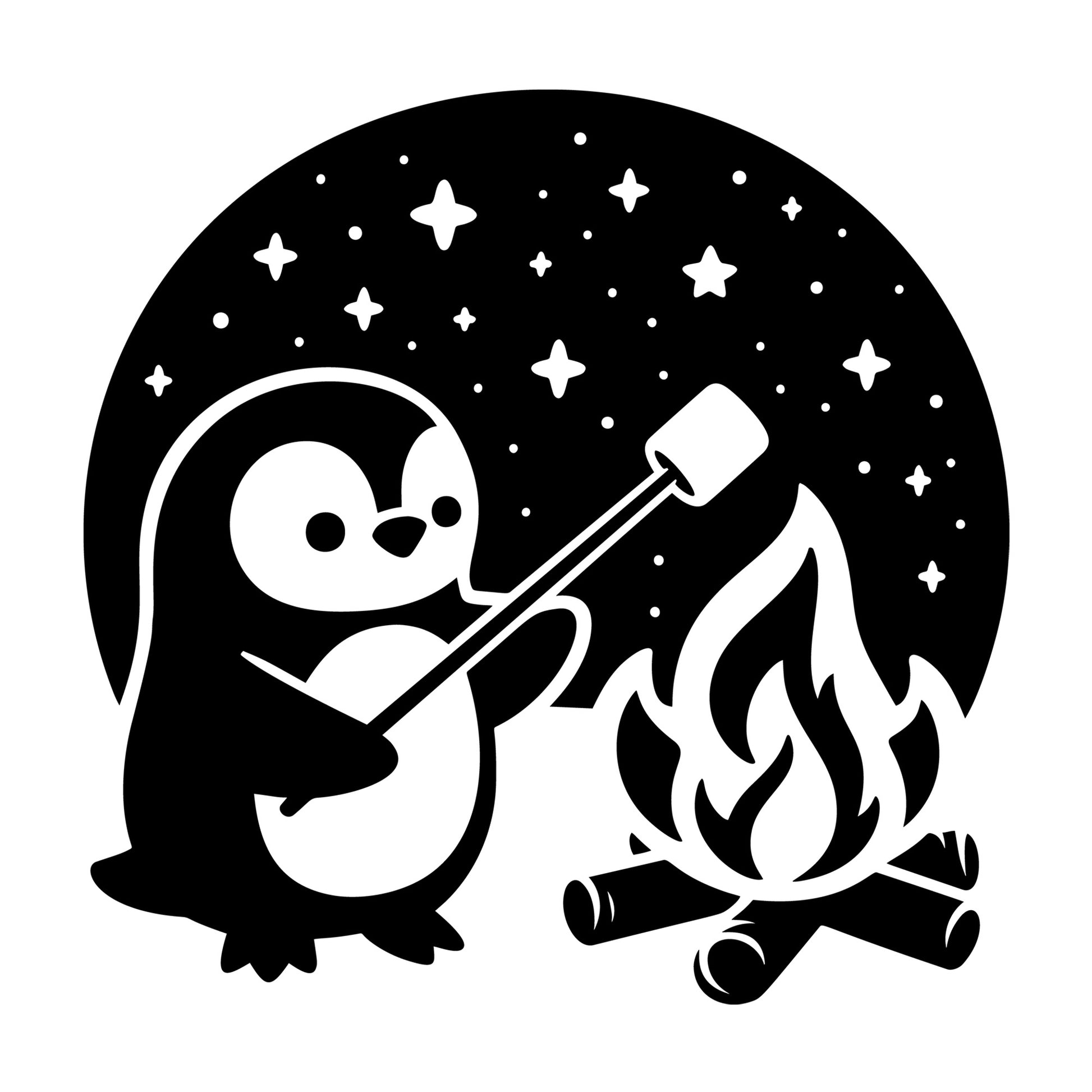 Penguin Roasting Marshmallows SVG design for Cricut, Silhouette, laser cutting, vinyl, sublimation, and craft projects.