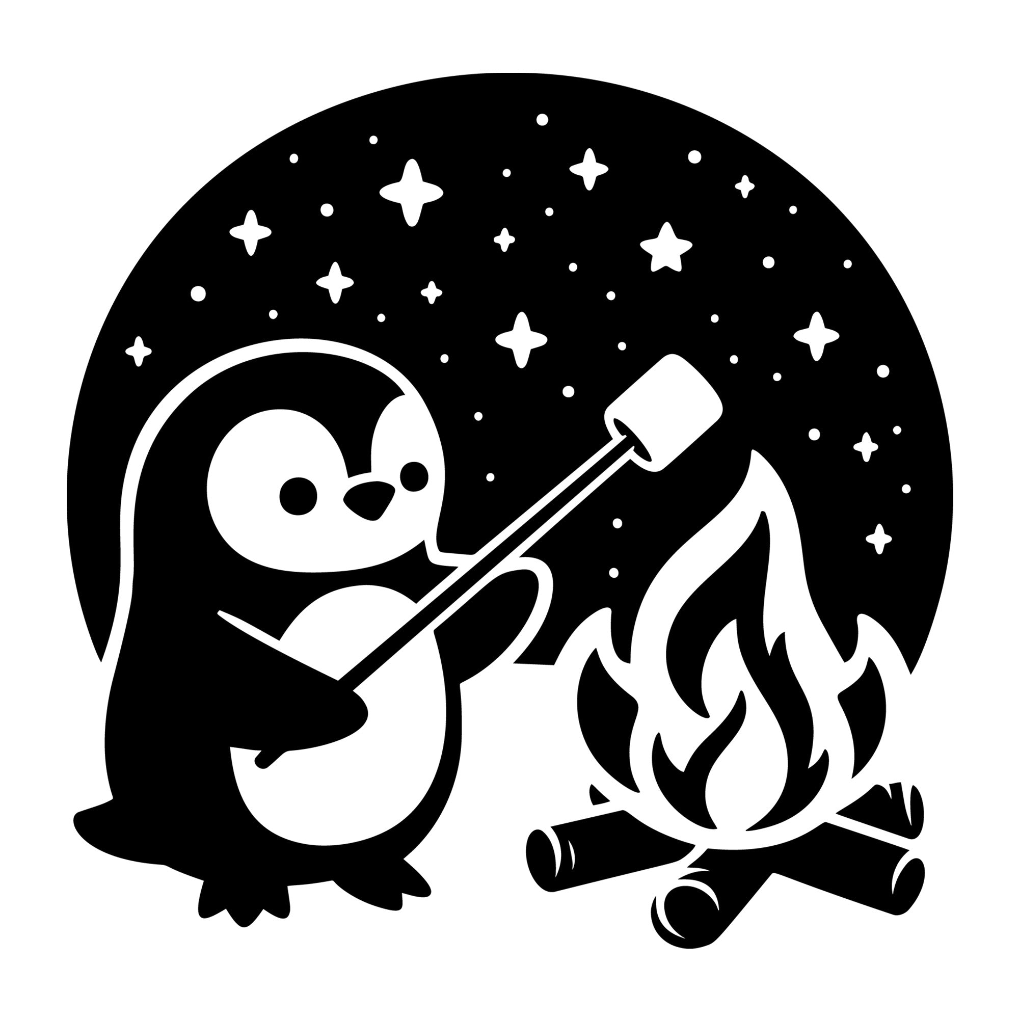 Penguin Roasting Marshmallows SVG design for Cricut, Silhouette, laser cutting, vinyl, sublimation, and craft projects.