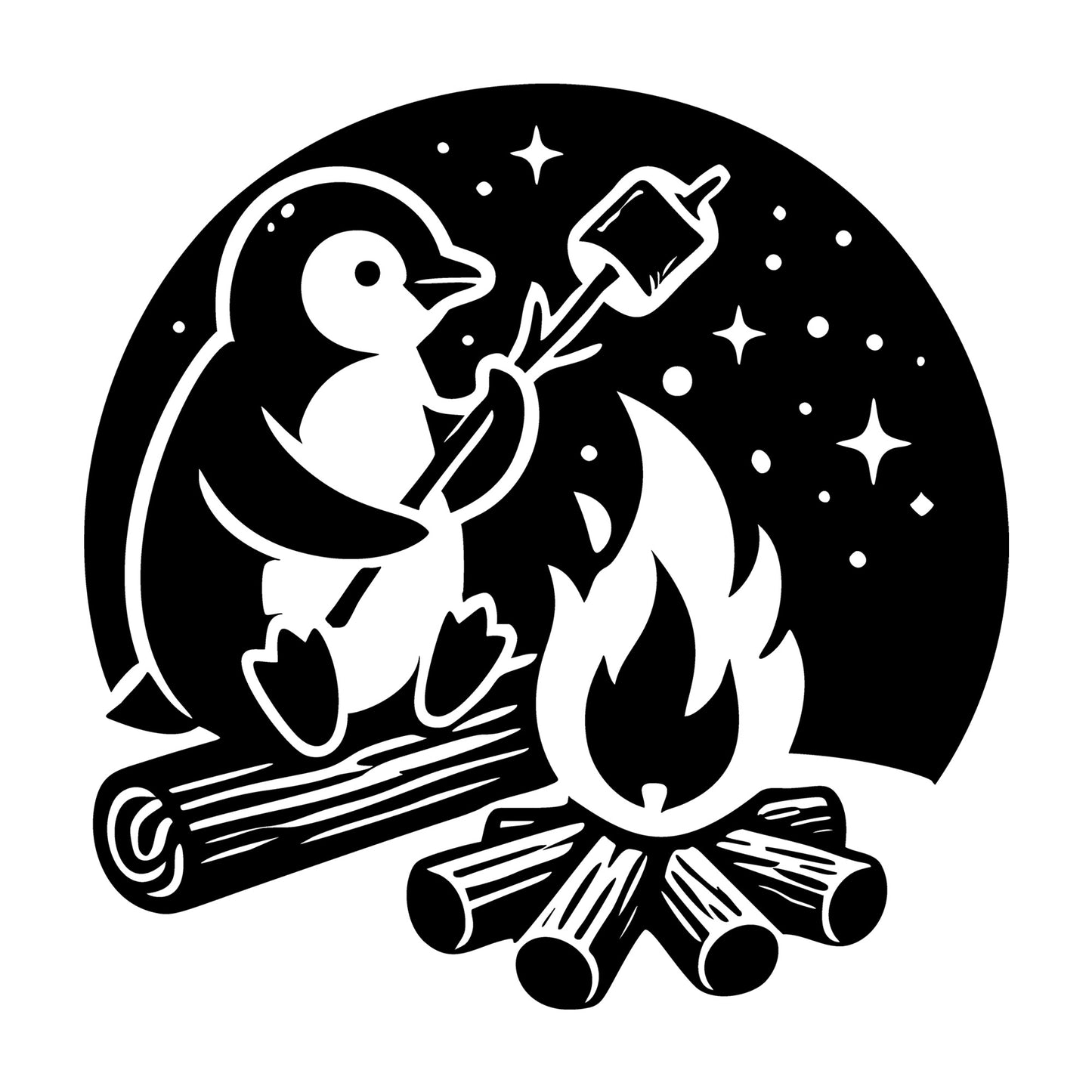 Penguin Roasting Marshmallows by Campfire SVG design for Cricut, Silhouette, laser cutting, vinyl, sublimation, and craft projects.