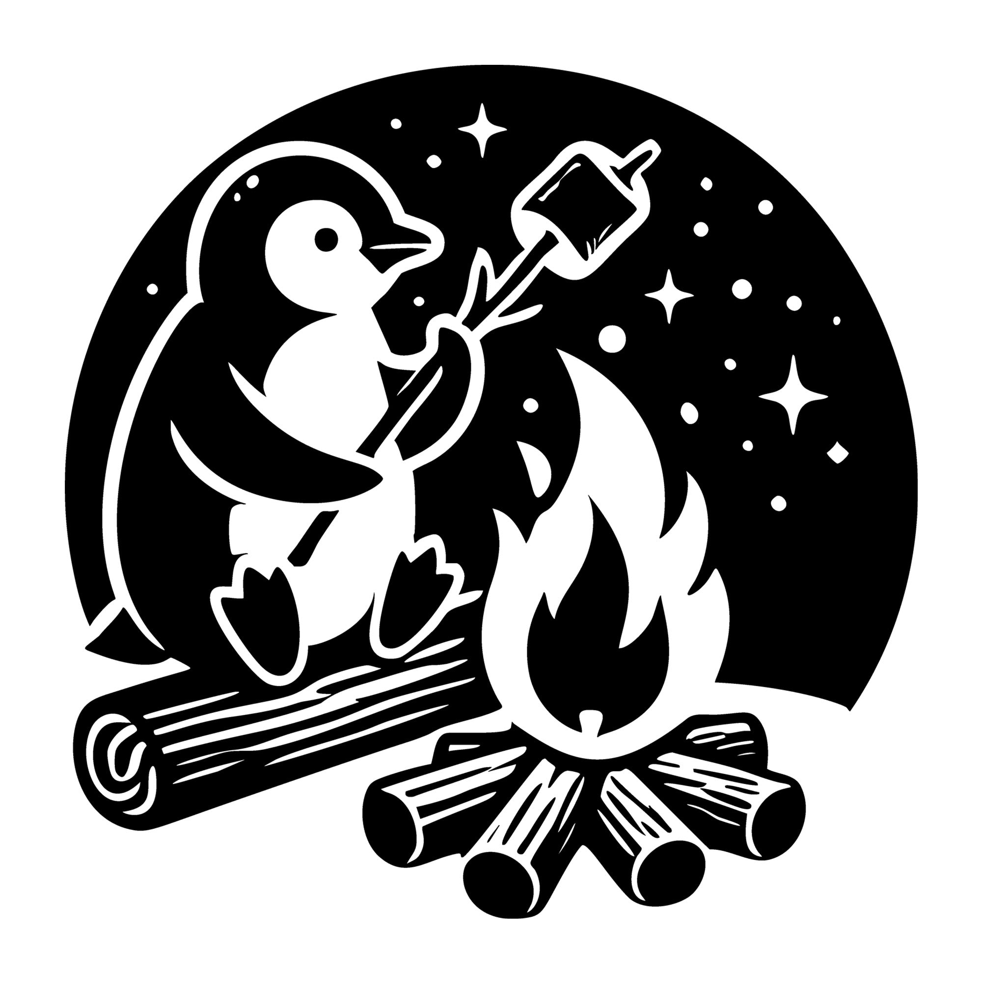 Penguin Roasting Marshmallows by Campfire SVG design for Cricut, Silhouette, laser cutting, vinyl, sublimation, and craft projects.