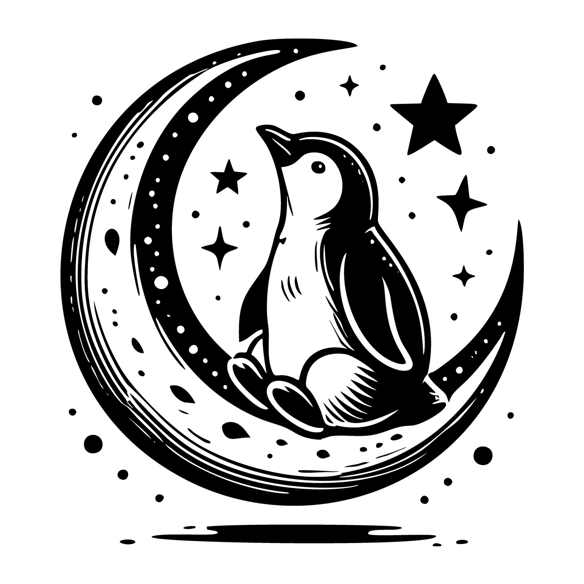 Penguin Sitting on Crescent Moon with Stars SVG design for Cricut, Silhouette, laser cutting, vinyl, sublimation, and craft projects.