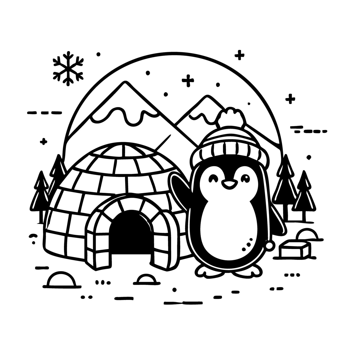 Penguin Waving Happily by an Igloo SVG design for Cricut, Silhouette, laser cutting, vinyl, sublimation, and craft projects.