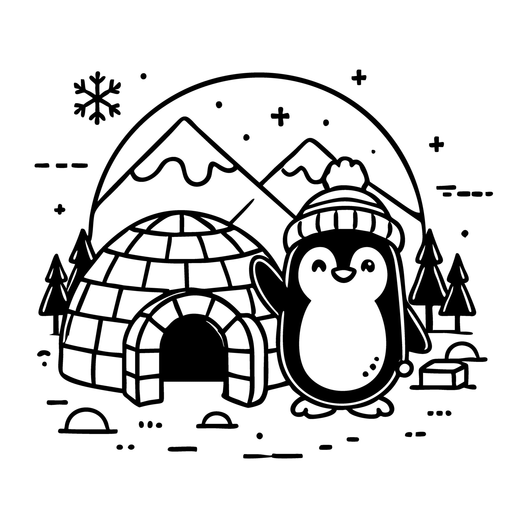 Penguin Waving Happily by an Igloo SVG design for Cricut, Silhouette, laser cutting, vinyl, sublimation, and craft projects.