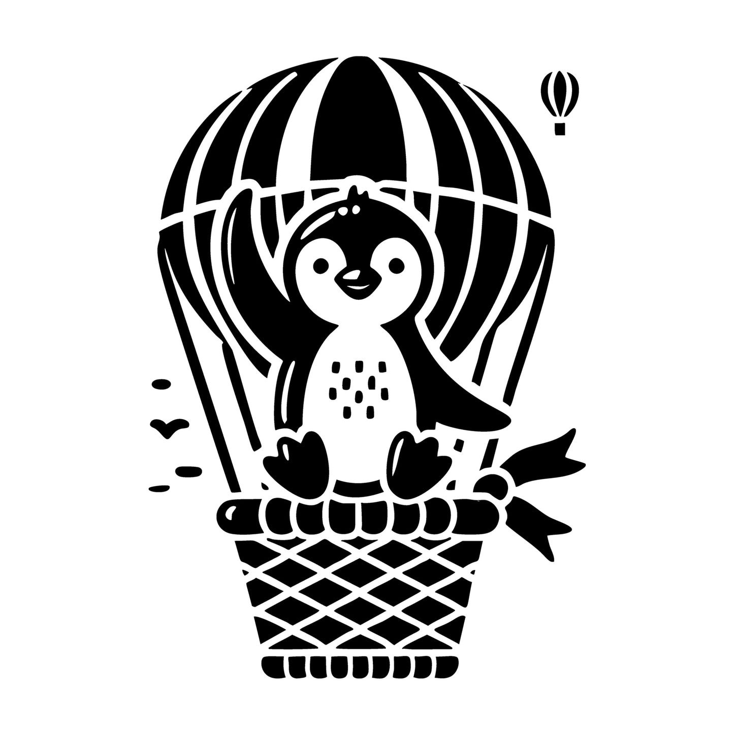Penguin Waving from Hot Air Balloon Basket SVG design for Cricut, Silhouette, laser cutting, vinyl, sublimation, and craft projects.
