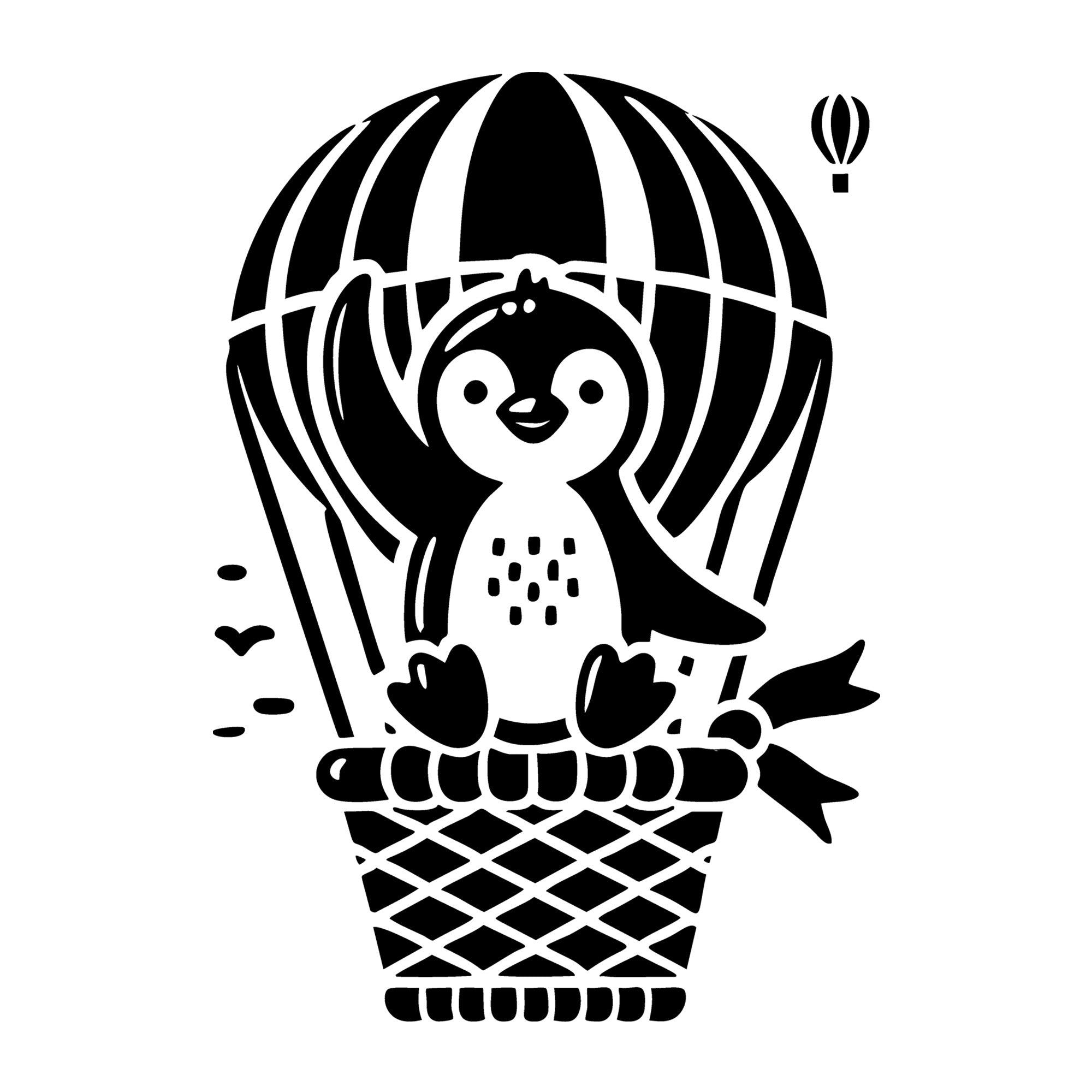 Penguin Waving from Hot Air Balloon Basket SVG design for Cricut, Silhouette, laser cutting, vinyl, sublimation, and craft projects.