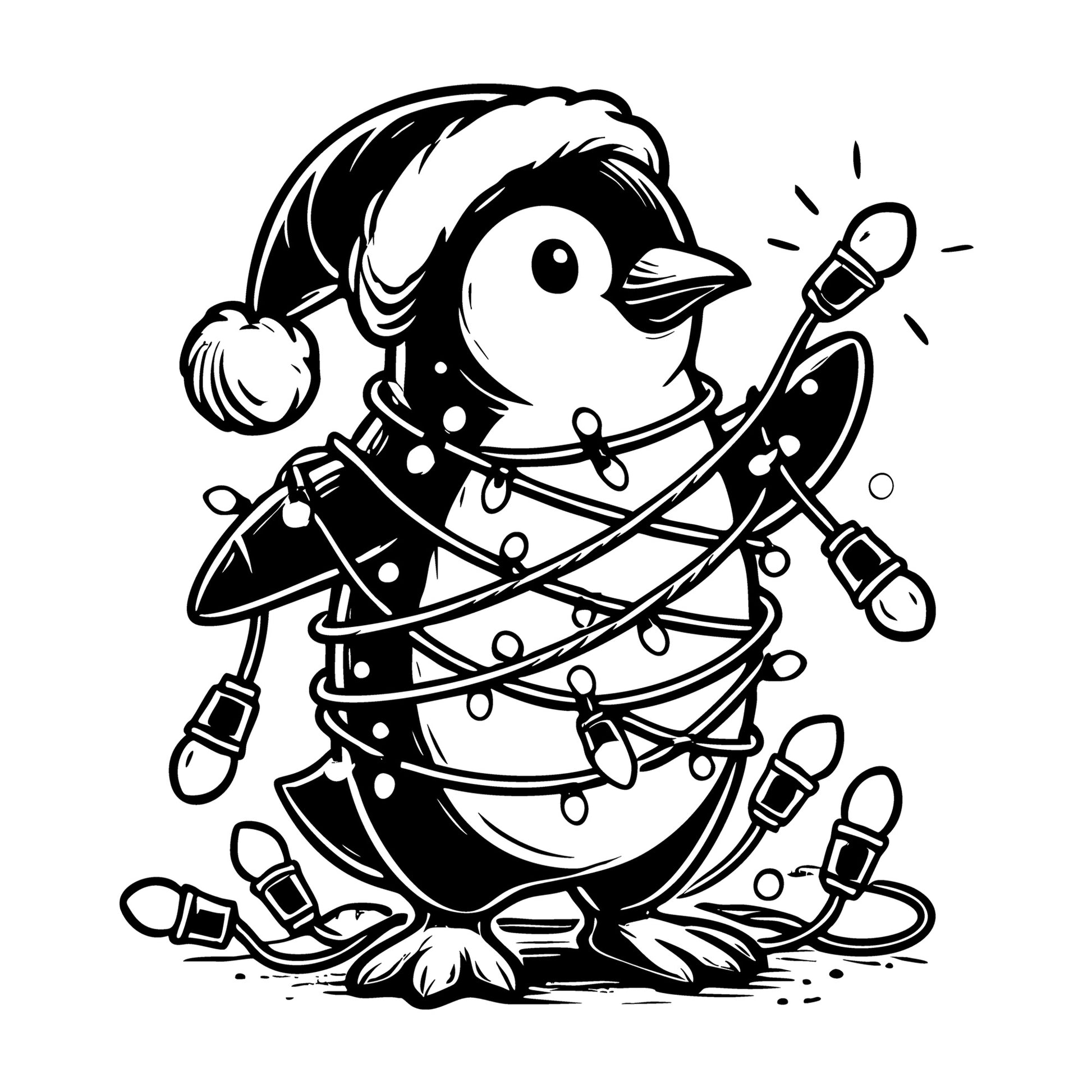 Penguin Wrapped in Christmas Lights SVG design for Cricut, Silhouette, laser cutting, vinyl, sublimation, and craft projects.