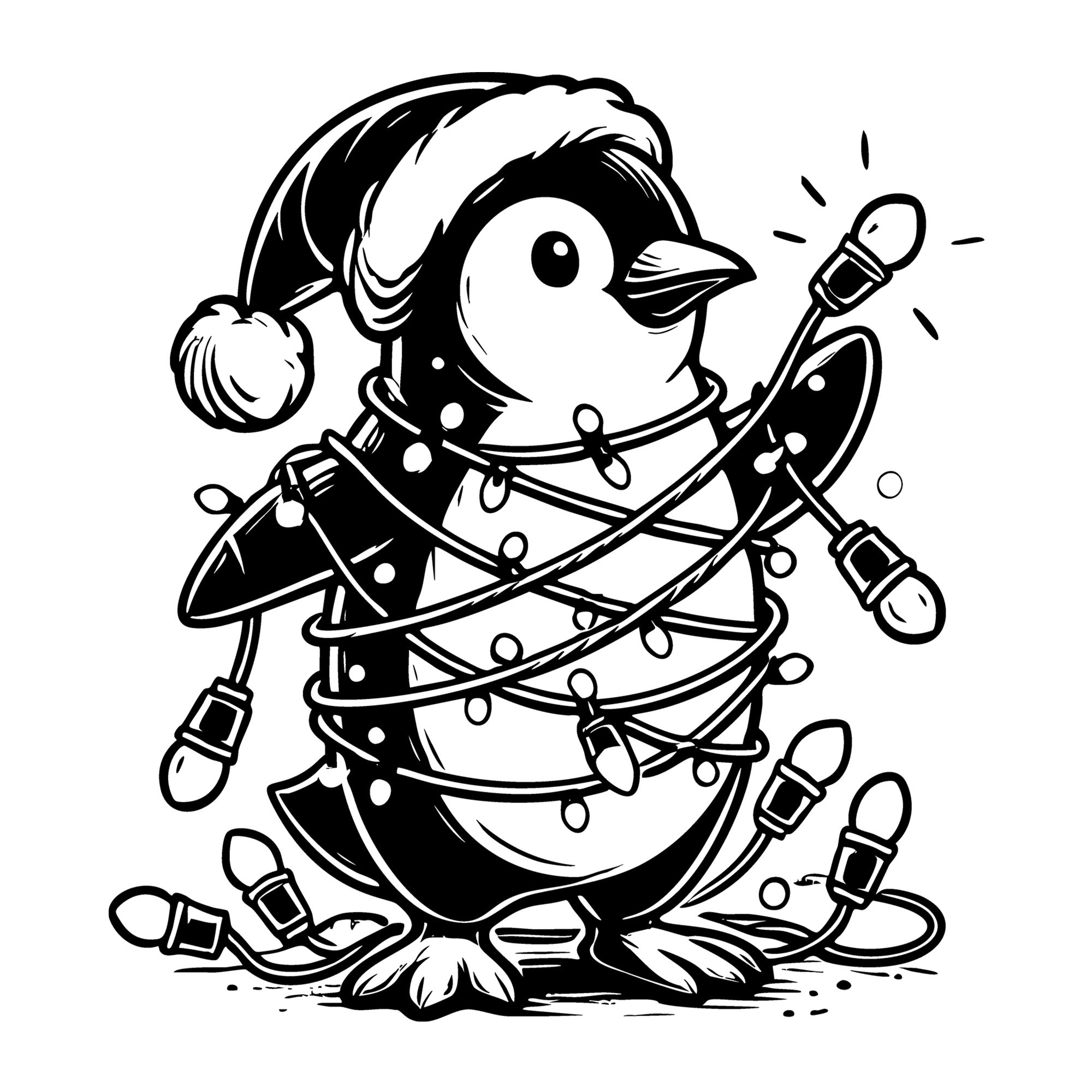 Penguin Wrapped in Christmas Lights SVG design for Cricut, Silhouette, laser cutting, vinyl, sublimation, and craft projects.