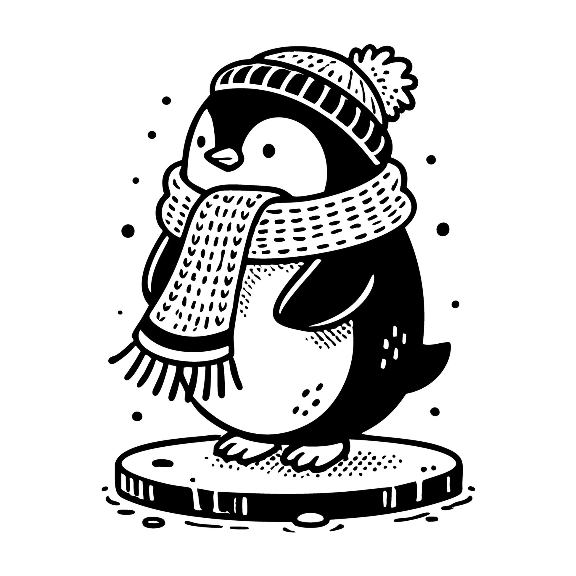 Penguin Wrapped in Scarf Standing on Ice SVG design for Cricut, Silhouette, laser cutting, vinyl, sublimation, and craft projects.