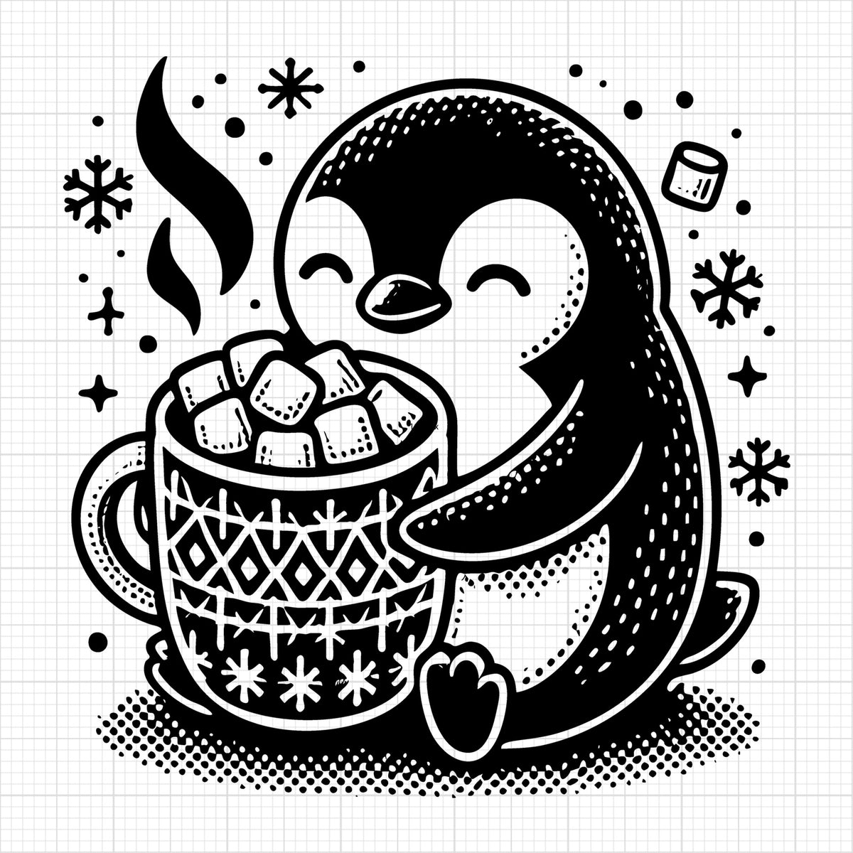 Penguin Holding Cocoa Cup in Festive Snow Scene