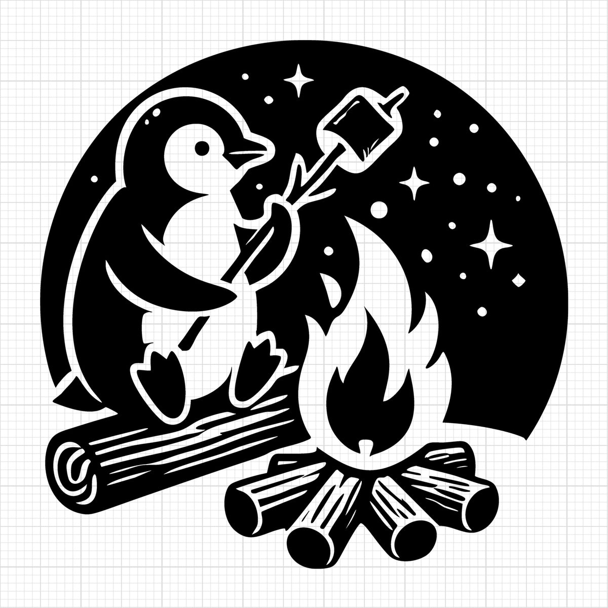 Penguin Roasting Marshmallows by Campfire
