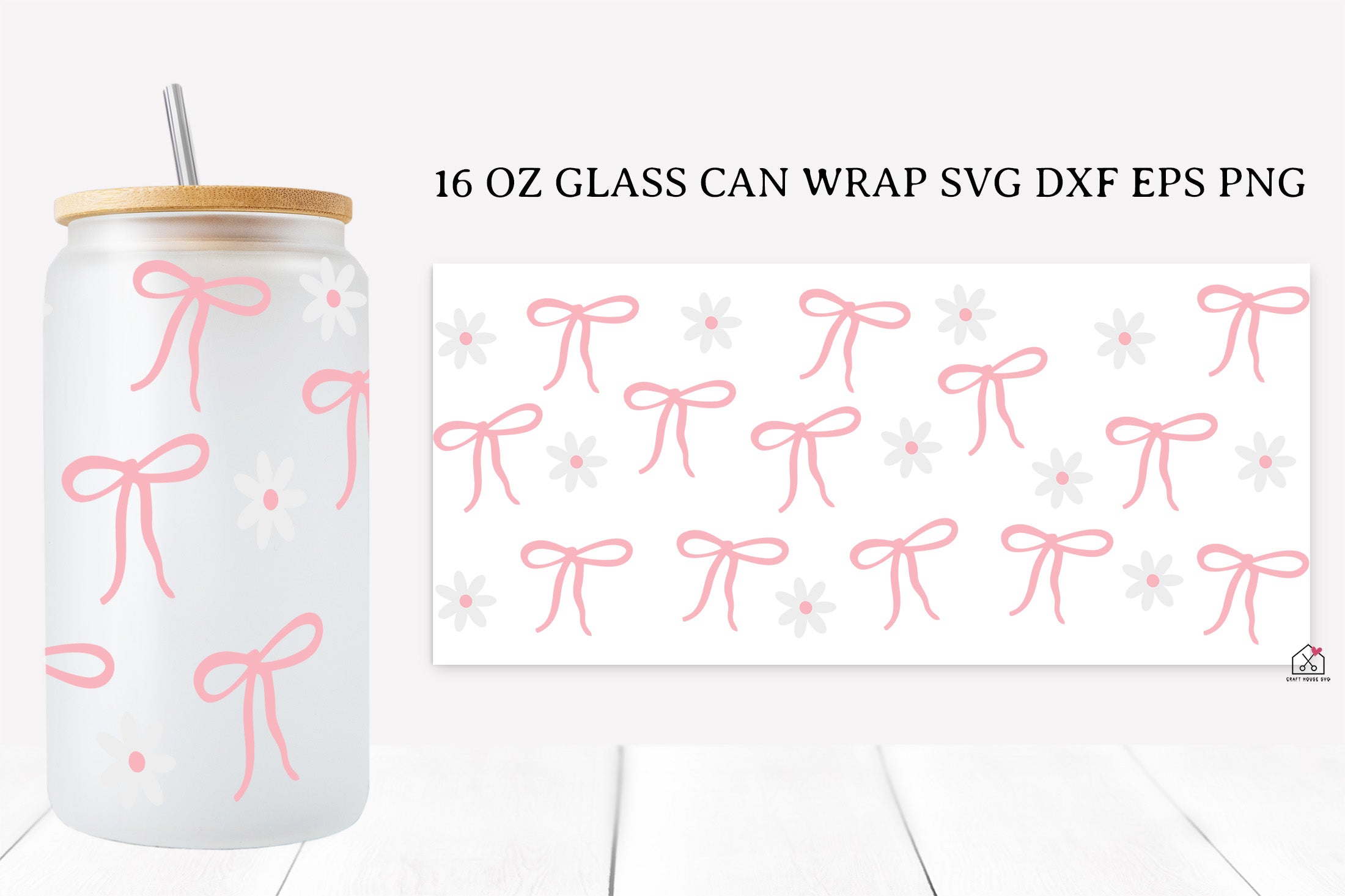 Pink Bow 16 Oz Glass Can Wrap SVG Bundle Girly PNG SVG Cut Files