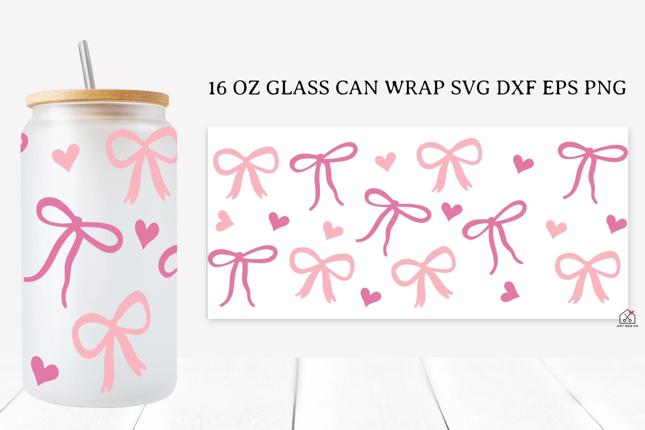 Pink Bow 16 Oz Glass Can Wrap SVG Bundle Girly PNG SVG Cut Files