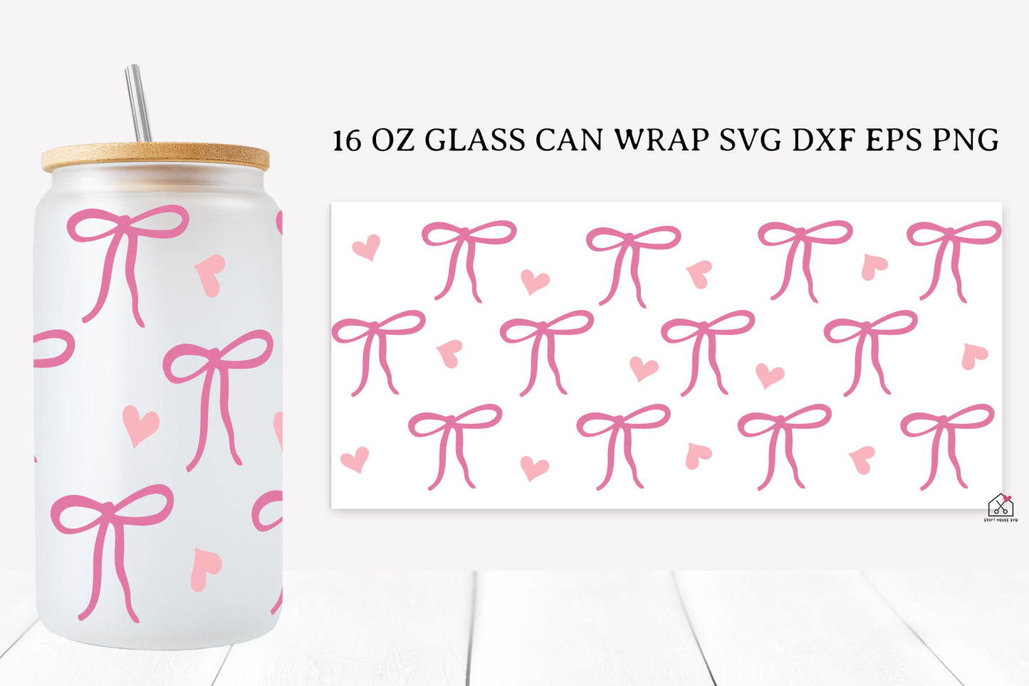Pink Bow 16 Oz Glass Can Wrap SVG Bundle