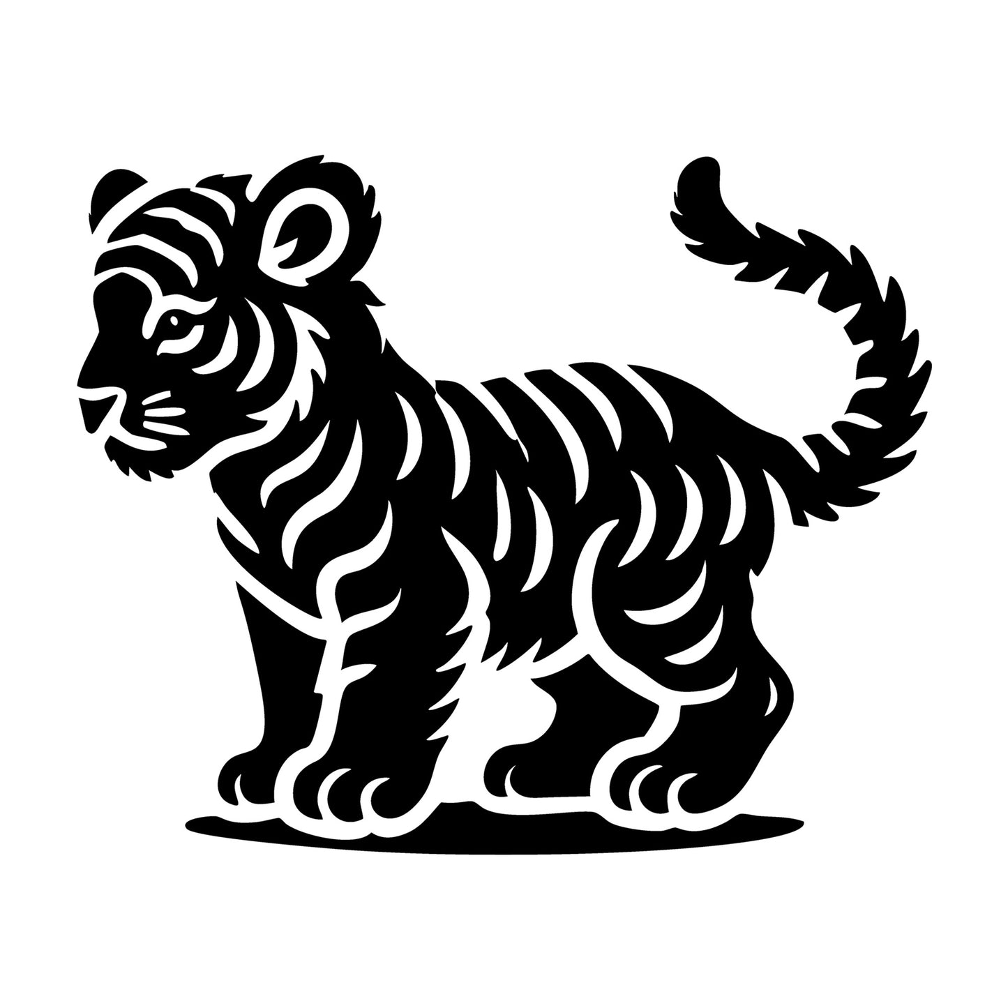 Playful Standing Tiger Cub Silhouette SVG design for Cricut, Silhouette, laser cutting, vinyl, sublimation, and craft projects.