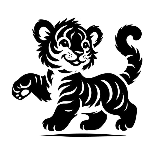 Playful Tiger Cub Silhouette Walking SVG design for Cricut, Silhouette, laser cutting, vinyl, sublimation, and craft projects.