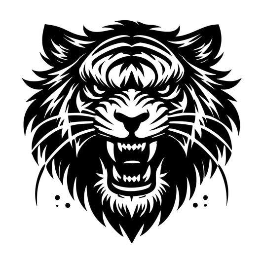 Powerful Black and White Tiger Head Illustration SVG design for Cricut, Silhouette, laser cutting, vinyl, sublimation, and craft projects.