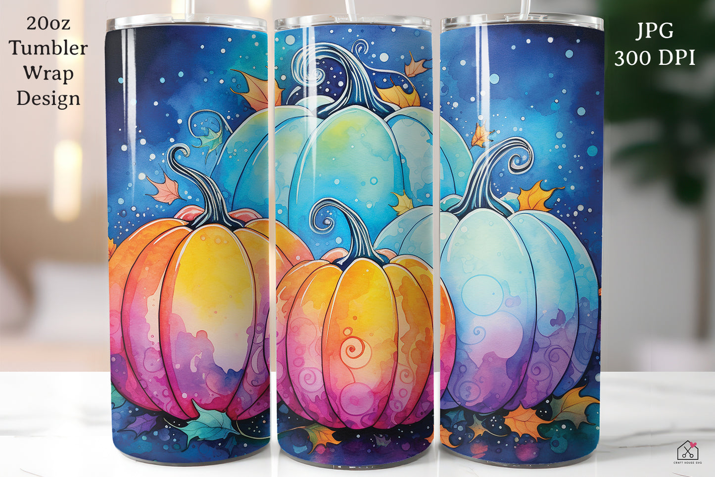 Watercolor Halloween 20oz Tumbler Wrap Bundle Sublimation Designs JPG