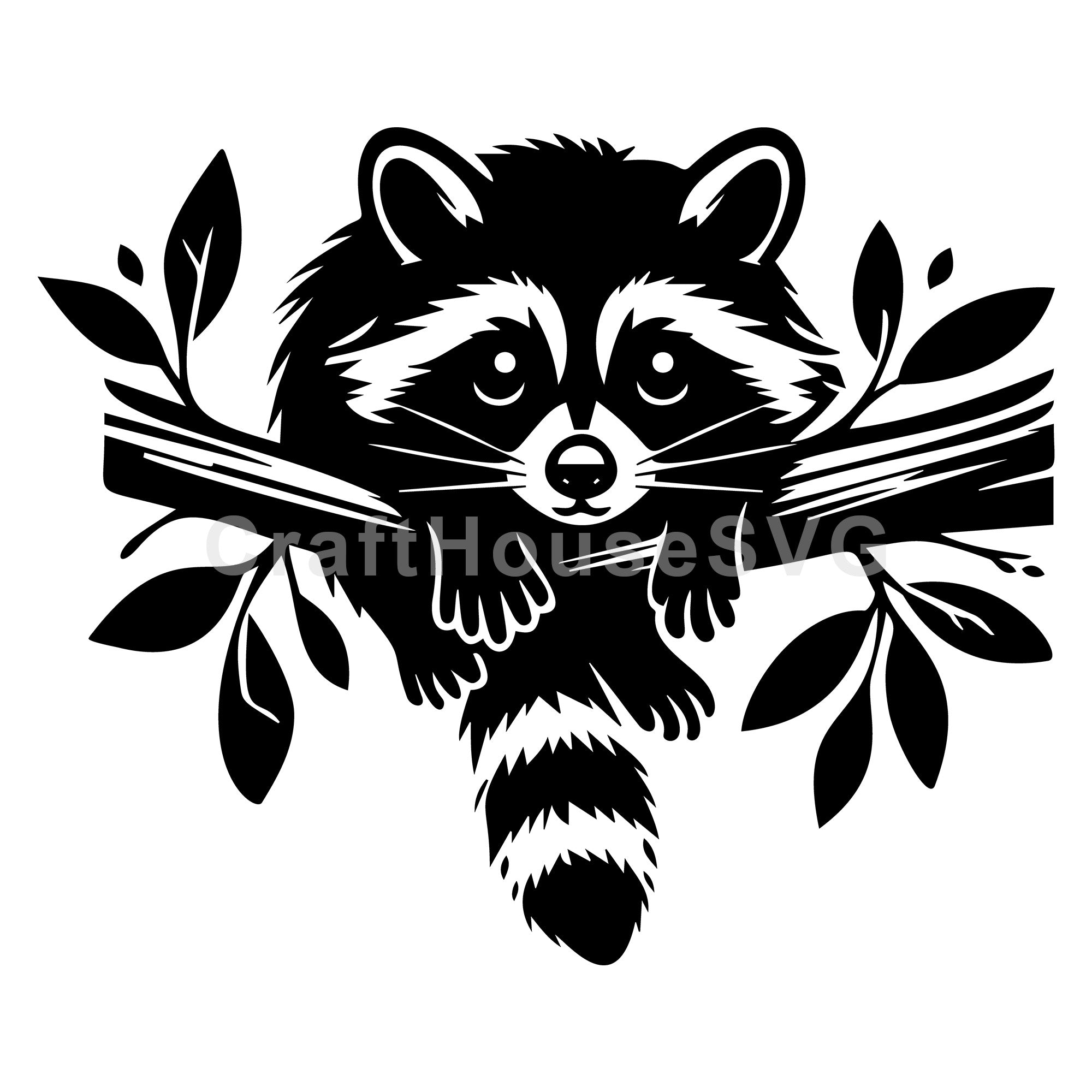 Raccoon Hanging On Branch With Leaves SVG