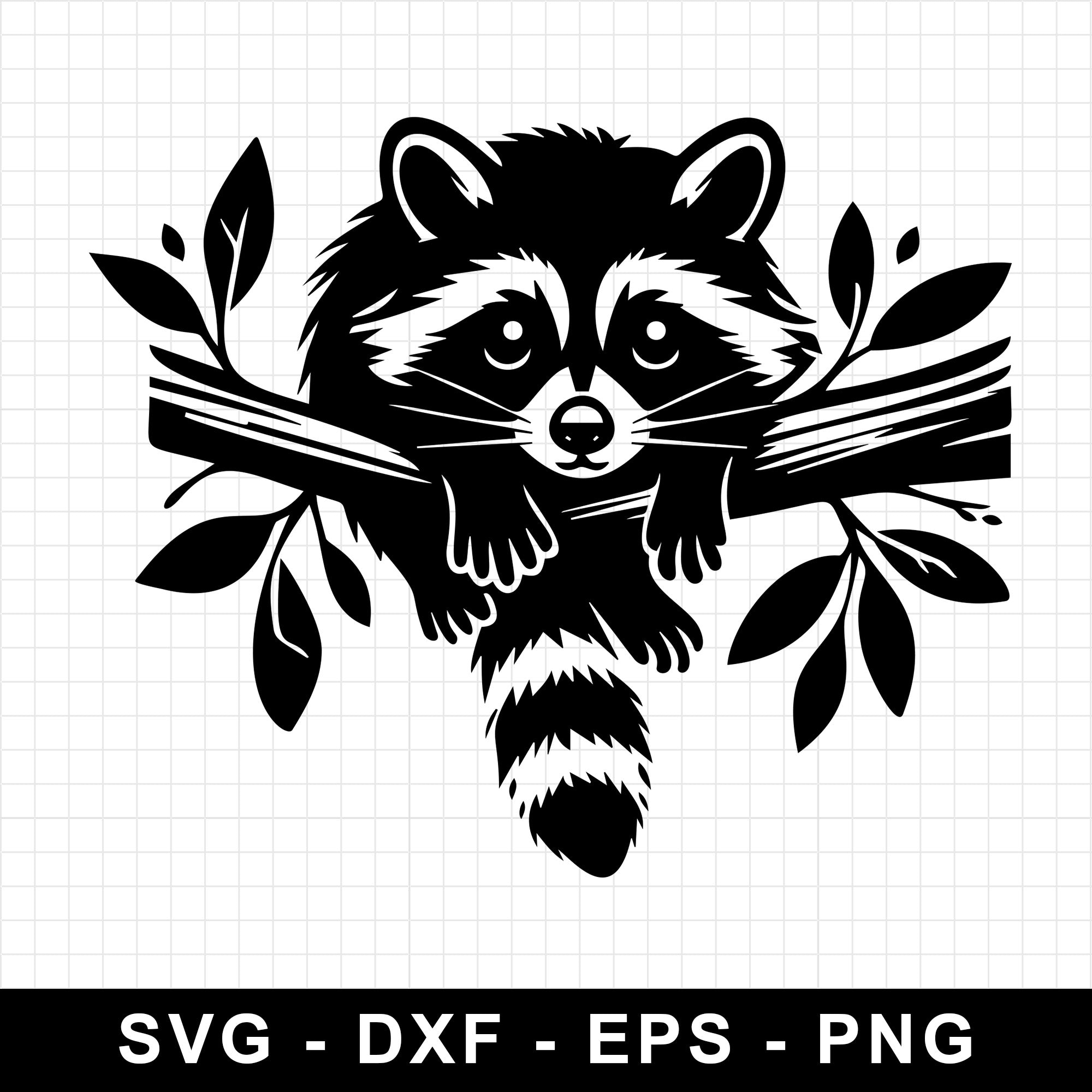 Raccoon Hanging On Branch With Leaves SVG