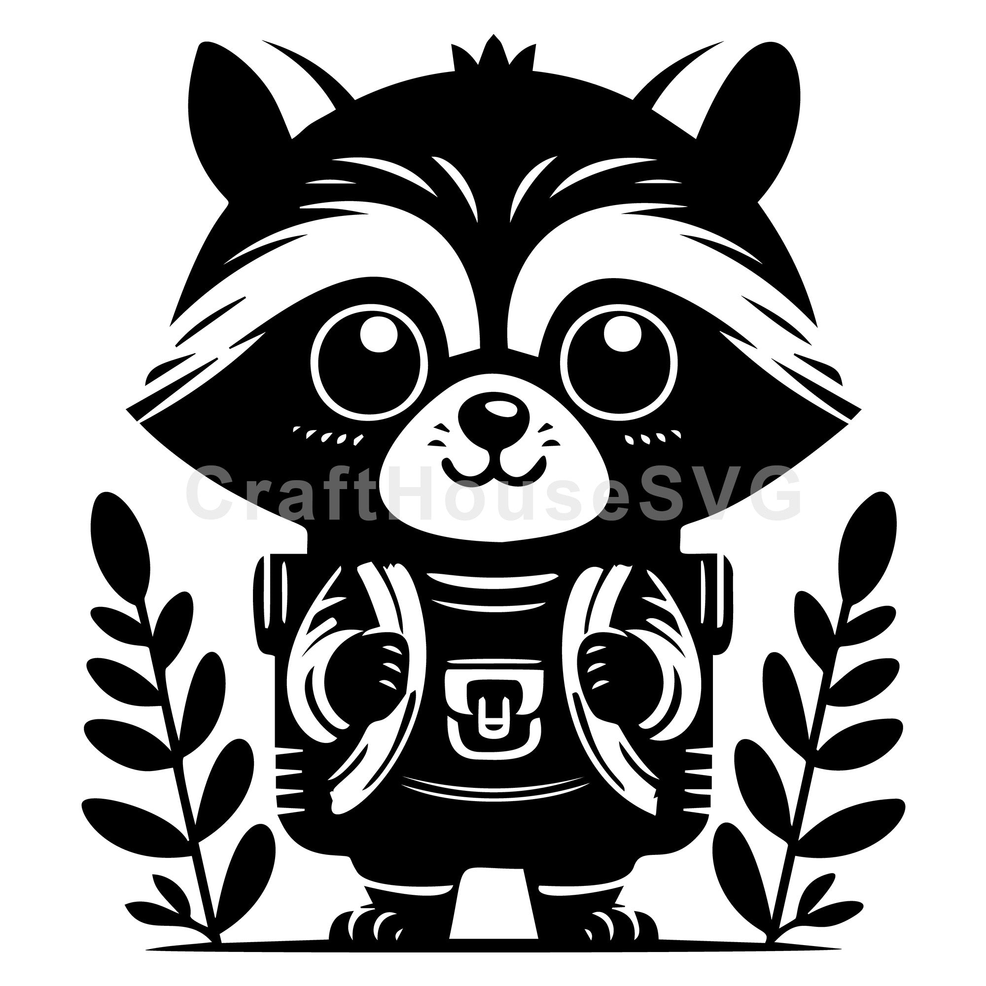 Backpacker Raccoon Standing Between Leaves SVG