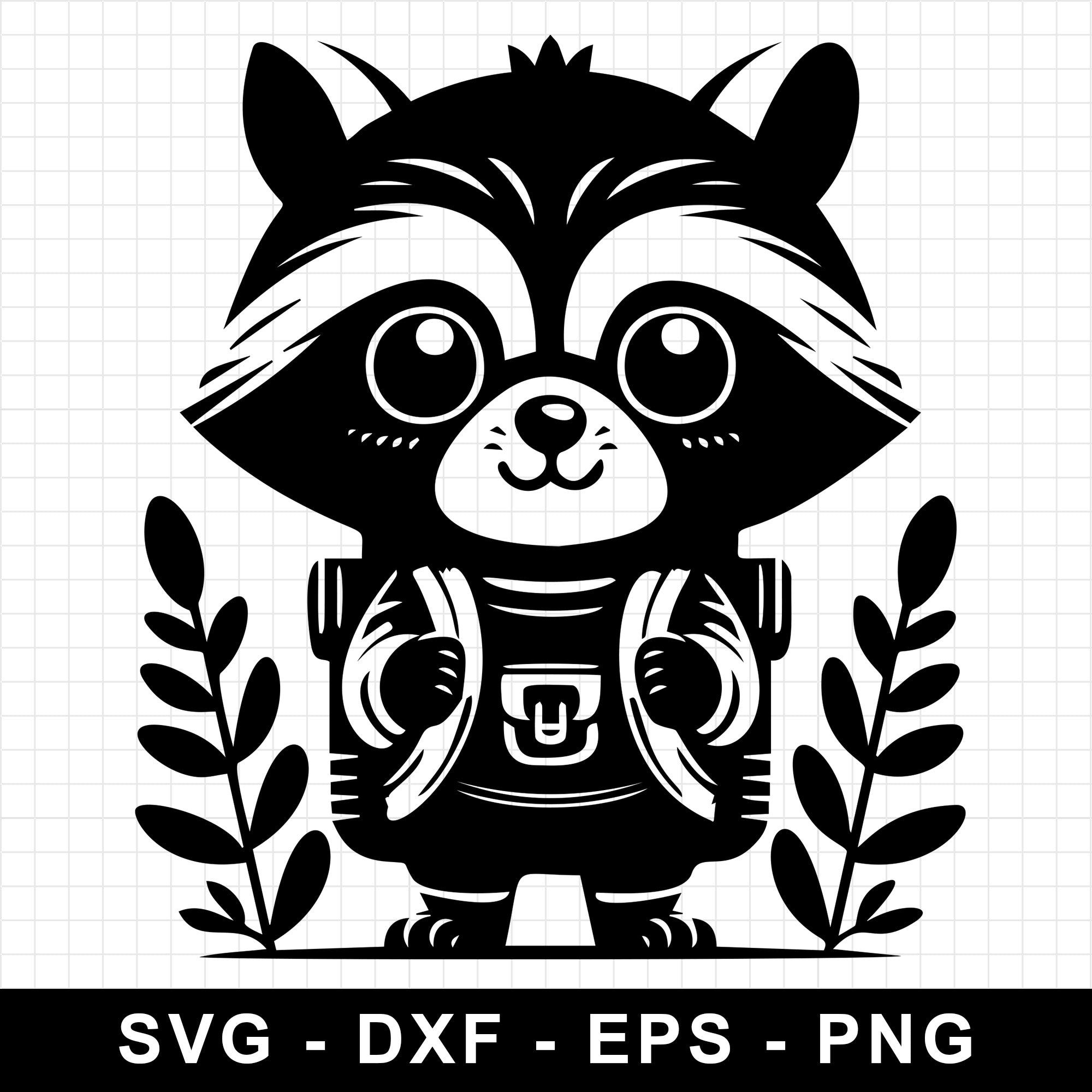 Backpacker Raccoon Standing Between Leaves SVG