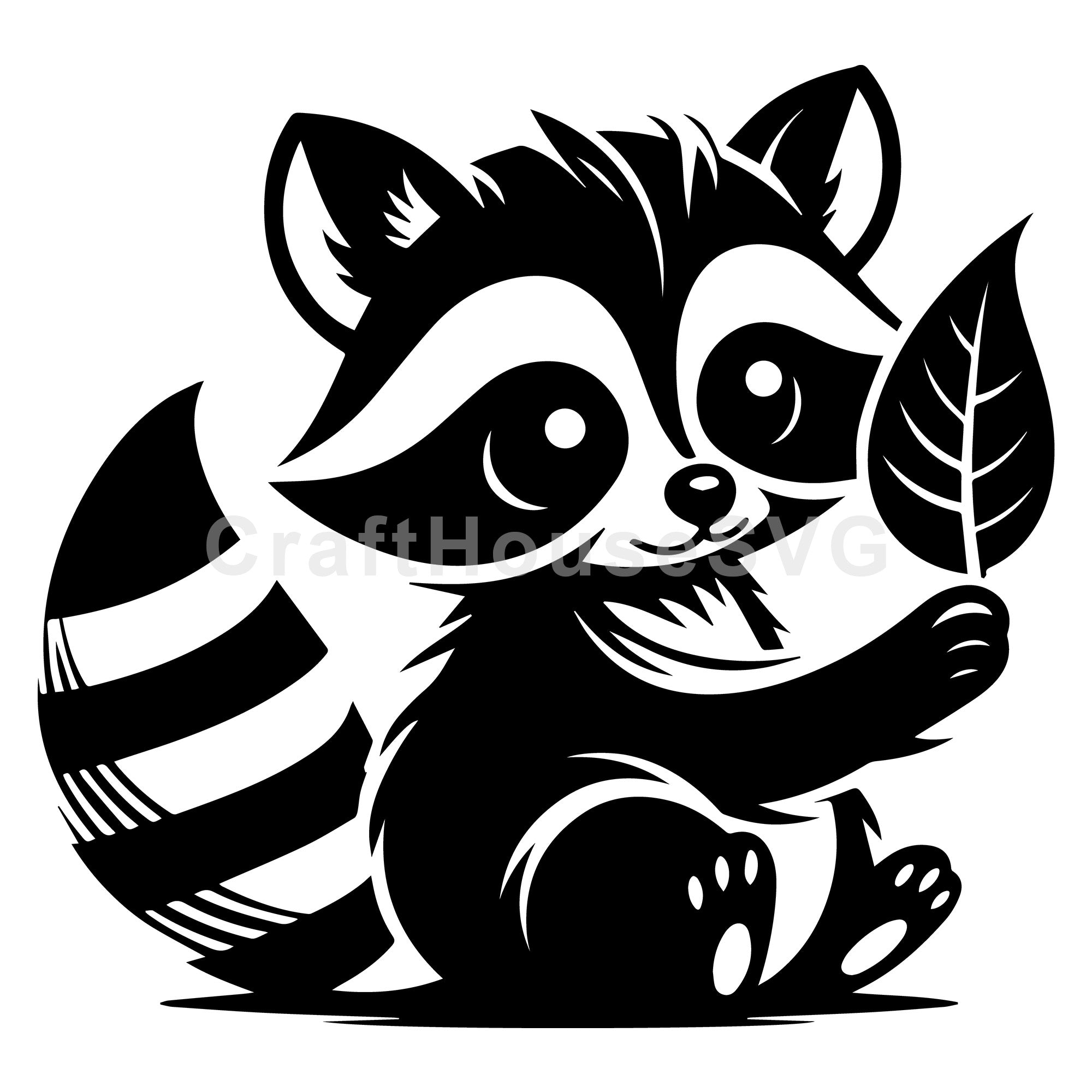 Raccoon Sitting and Holding a Leaf SVG