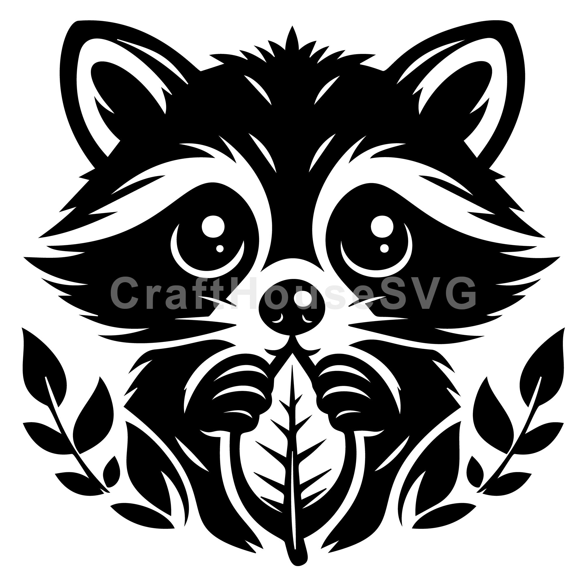 Adorable Raccoon Holding a Leaf Surrounded by Foliage SVG