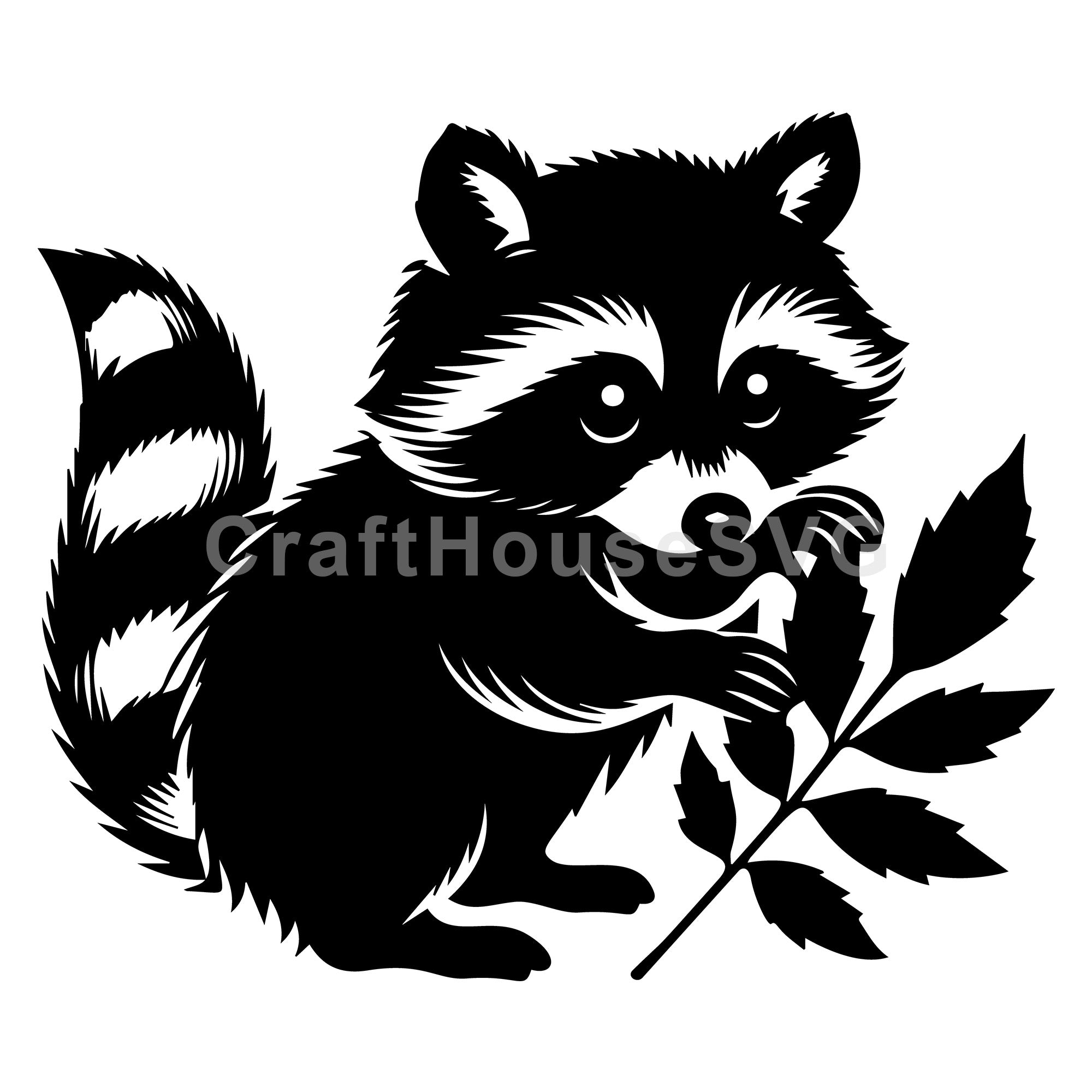 Raccoon Holding a Branch with Leaves SVG