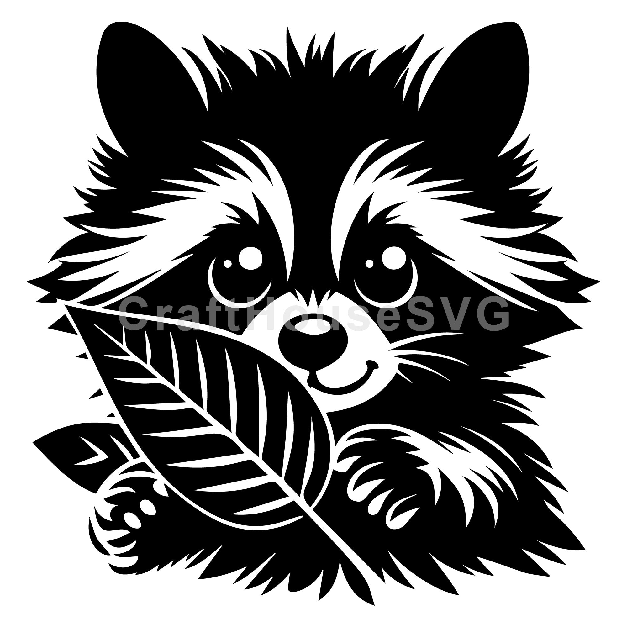 Adorable Raccoon Holding Large Leaf SVG