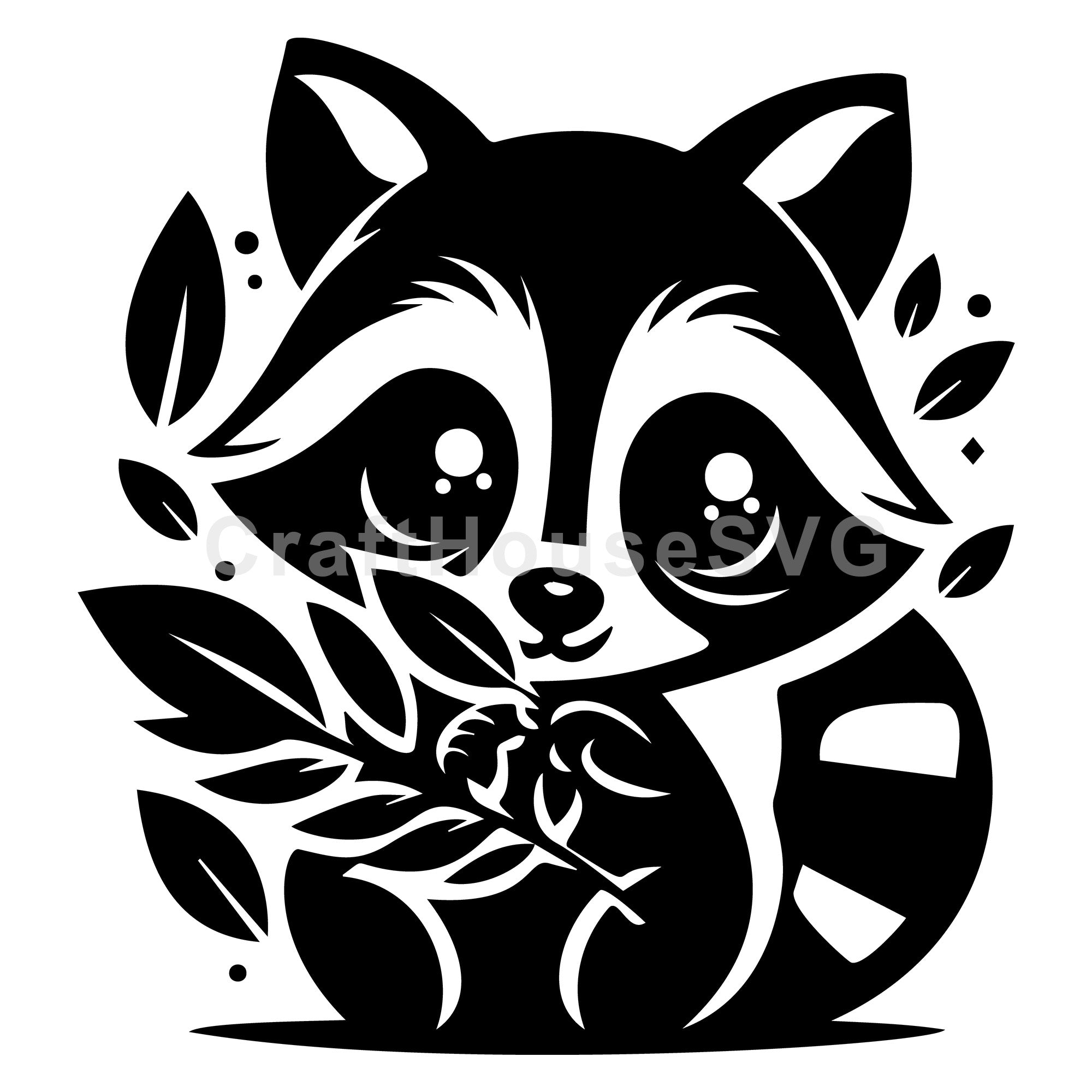 Cute Raccoon Surrounded by Leaves SVG