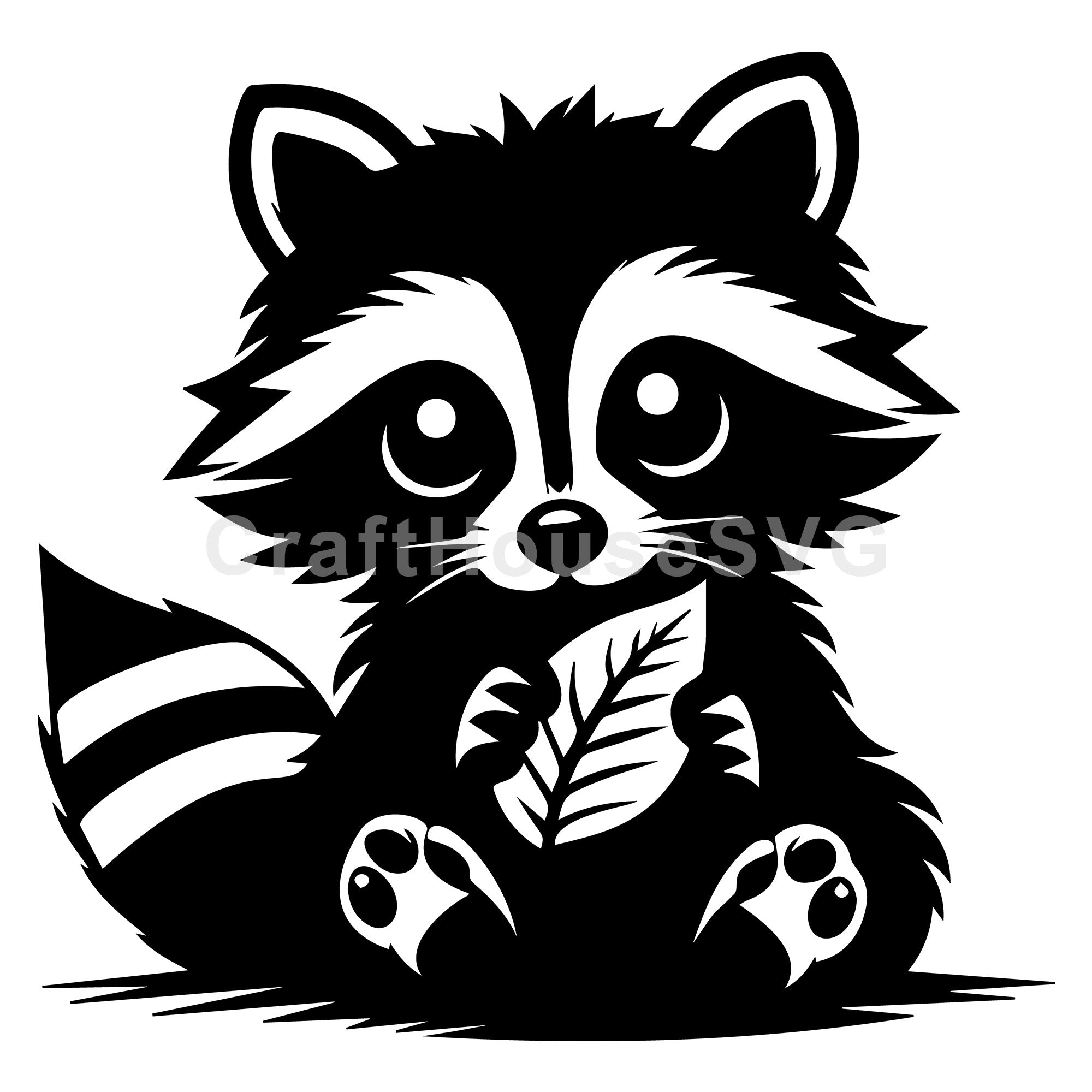 Sweet Raccoon Holding a Leaf Sitting Down SVG