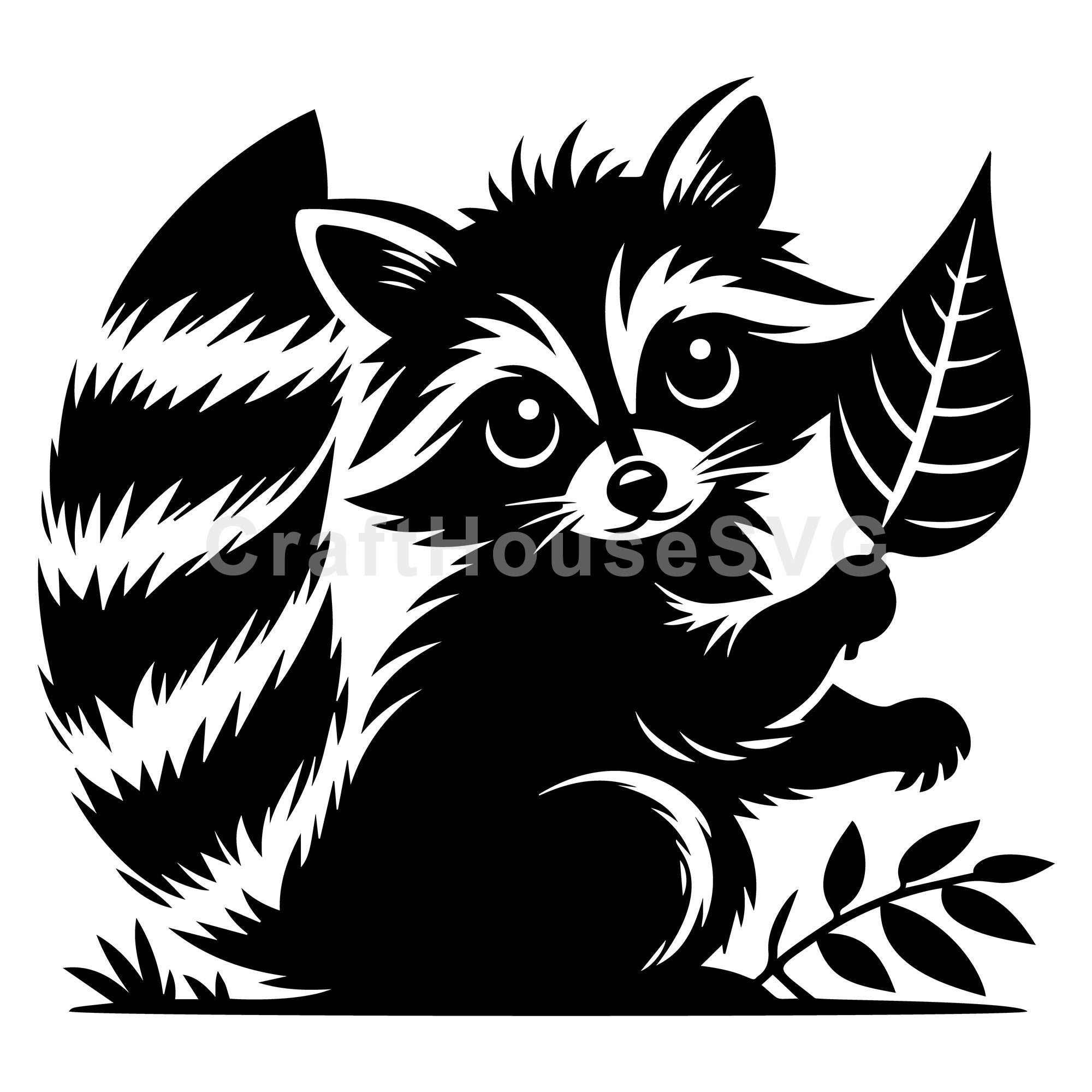 Raccoon Holding Leaf Looking Back SVG