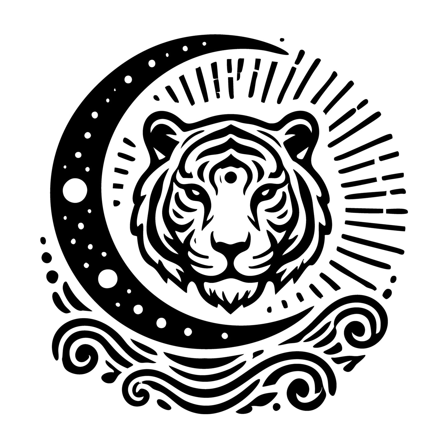 Radiant Moonlight Tiger Silhouette SVG design for Cricut, Silhouette, laser cutting, vinyl, sublimation, and craft projects.